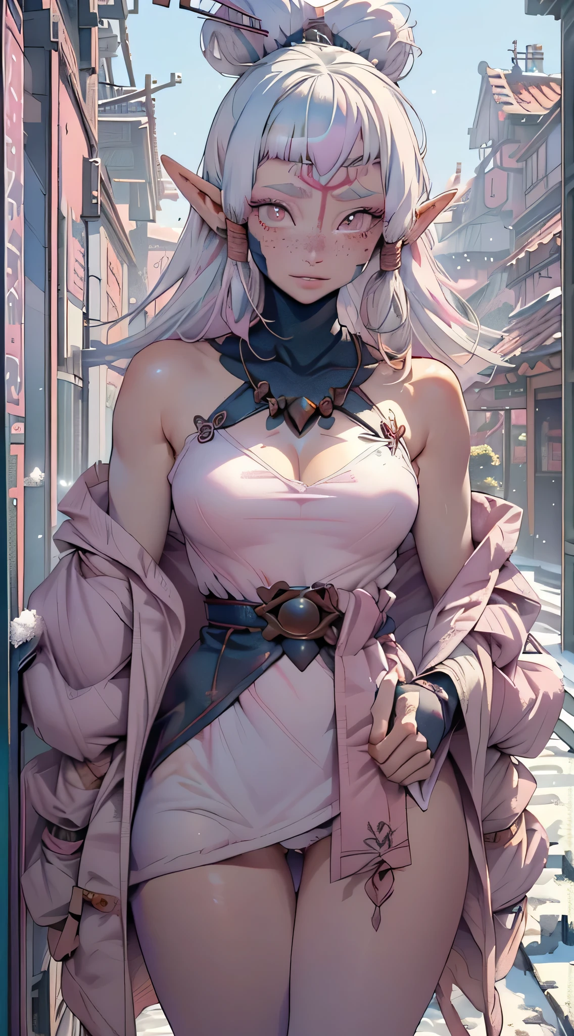 paya, cute loli elf,(((little loli,tiny little body,little))),(((6 ))),((anime elf loli with extremely cute and beautiful white hair)), (((elf))), (((elf earlat chest))),((((fuchsia hair:1.35,short white hair,colored inner hair,ear breathing)))),(((pink_eyes:1.3))),intricate eyes,beautiful detailed eyes,symmetrical eyes,big eyes:1.5,(((freckles on the face,freckles,freckled girl))),(((lustrous skin:1.5,bright skin: 1.5,skin tanned,shiny skin,very shiny skin,shiny body,plastic glitter skin,exaggerated shiny skin,illuminated skin))),(delicate detailed fingers,detailed body,(detailed face)),

cute,slutty,erotic,daring,((nsfw)),

zettai ryouiki,revealing clothing,show skin,(((Sexy pink fur coat, pink fur coat outfit, wearing a pink fur coat:1.ink winter coat))),((pink mini-skirt,pink mini skirt with furry edge,visible thong straps)),((underpants strap)),(white gloves,pink clothes,semi-naked,with little pink clothing,(((furry edge clothing)))),(((intricate outfit,intricate clothes,embroidered outfit,ornate outfit,embroidered clothes,ornate clothes))),

(dynamic pose:1.0),embarrassed,(centered,scale to fit dimensions,Rule of thirds),

((snowy pine forest)),winter,scenery:1.25,((intricate scenery)),((snow forest background)),Christmas tree,

(Glossy winter ornaments),highres,sharp focus,(ultra detailed,extremely detailed),(photorealistic artwork:1.37),(extremely detailed CG unity 8k wallpaper),(((vibrant colors,vibrant theme))),(intricate),(masterpiece),(best quality),