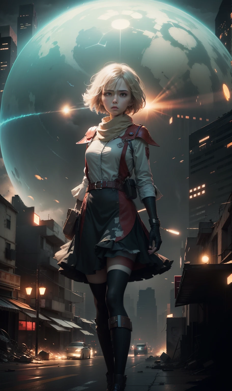 A cover art illustration of Alice Margatroid in the ambiance of Akira's dystopian setting. The artwork should depict Alice amidst the chaos and turmoil of a city under siege. The design should include familiar Akira elements such as the large red energy sphere and dramatic light trails, all in the context of Alice's magic. High resolution, hyper-detailed, with dramatic lighting, Unreal Engine, cinematic, elegant, post-production, post-processing color-coded UHD, 8K.