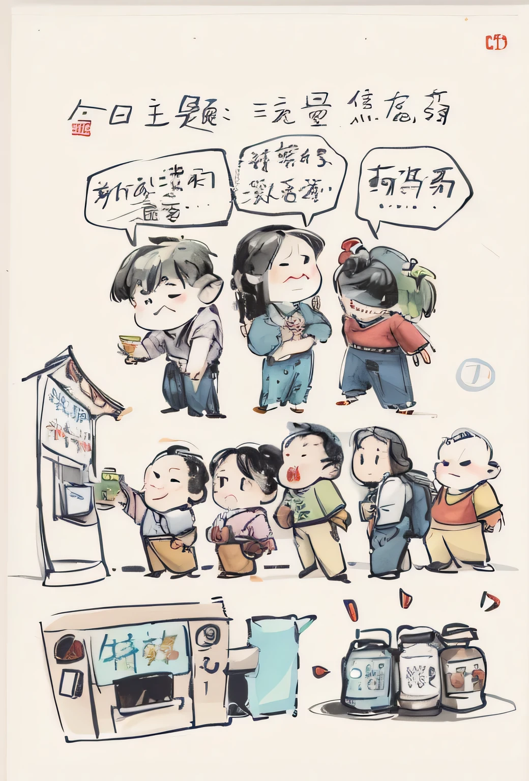 Cartoon of a group of people standing around a vending machine, by Yi Insang, author：Middle school students, comic book illustration, Tofu potatoes, Lingchang, handpainted, by Qu Leilei, (mektobel), by Yan Hui, author：Ito Kiyoshi, author：Yasutomo Oka, chinese brush pen illustration, comic art ”
