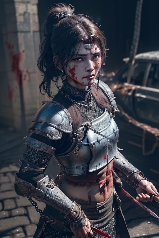 highly detailed 16K CG unity wallpaper, highest quality, masterpiece, (raw photo, realism, photorealistic:1.3), ultra high res, (cinematic lighting, professional photo, sharp focus, depth of field:1.2), best aesthetic, ((from front view, correct anatomy:1.4)), pov, 1 girl, Japanese , 15 yfemale warrior:1.5)), solo, ((cowboy shot:1.1)), (highly detailed skin texture, intricately detailed face:1.5), black hair, ponytail, brown eyes, bright eyes, fairy detailed nose and lips, expressionless, (((iron armor:1.2))), (((injured, stabbed with spears:1.4))), ((chain mail:1.3)), kneeling, ((holding 1 sword in RIGHT hand:1.5)), (((stab wounds of stomach, bleeding from wounds, bloodstains, gore:1.5))), ((battlefield, outdoor, vandalized village:1.4))