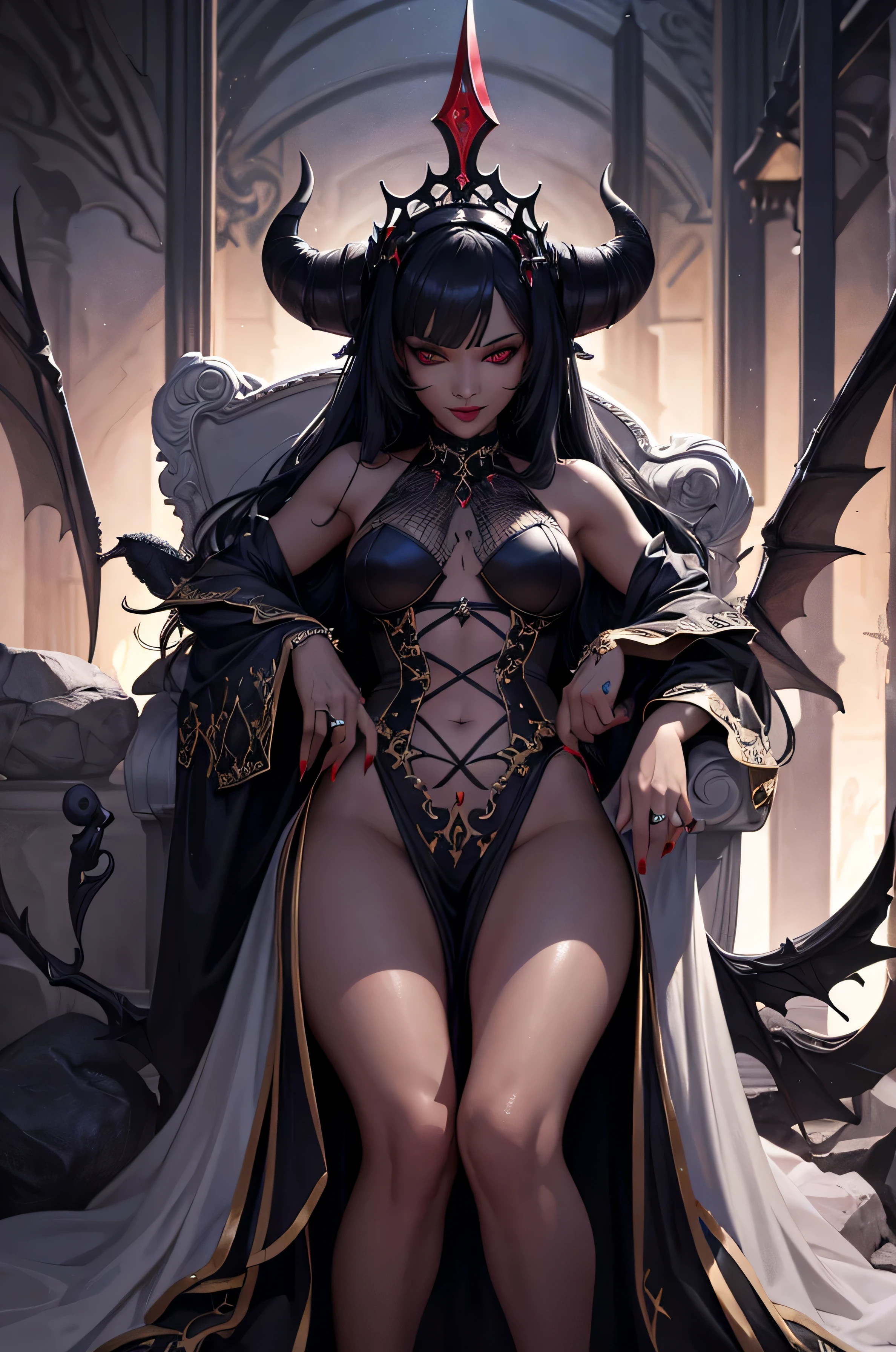 ultra detailed Rihanna as Satan sur le Trone de l'enfer, diablesse, Robe sexy noire et rouge, demon wings, Demon horn, Realistic detailed eyes, Context of the chaos of hell and destruction, Evil queen, looking straight at camera, souriant avec satisfaction, longs ongles noirs, Shaded illustration of a high-quality cell in hell, corps entier, pose dynamique, anatomie parfaite, centered, , soul, Approche de la perfection, Ombrage de cellule, 8k , Cinematic dramatic atmosphere, Water color painting, Illumination globale, detailed and intricate environment, ArtStation, Art conceptuel, mise au point fluide et nette, volumeric lighting, lighting cinematic