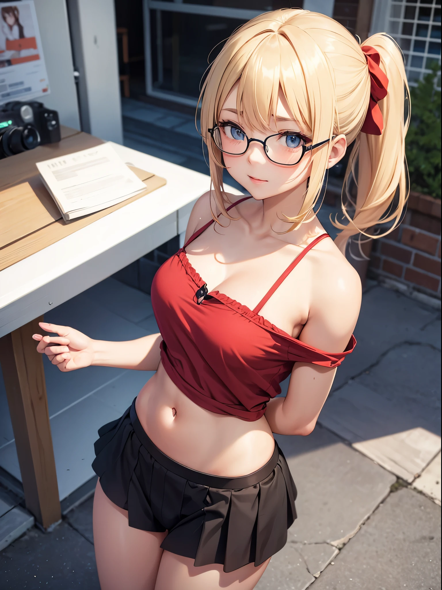 in public, boring, bangs, loli body, 14 year old girl, blonde hair tied in a side ponytail, sensual cleavage, red blouse, round breasts, ass facing the viewer, Ultra HD, 4k image, glasses, character close to camera, V panties, sensual panties, low waist panties, 1.3 short miniskirt, view from above, camera from above