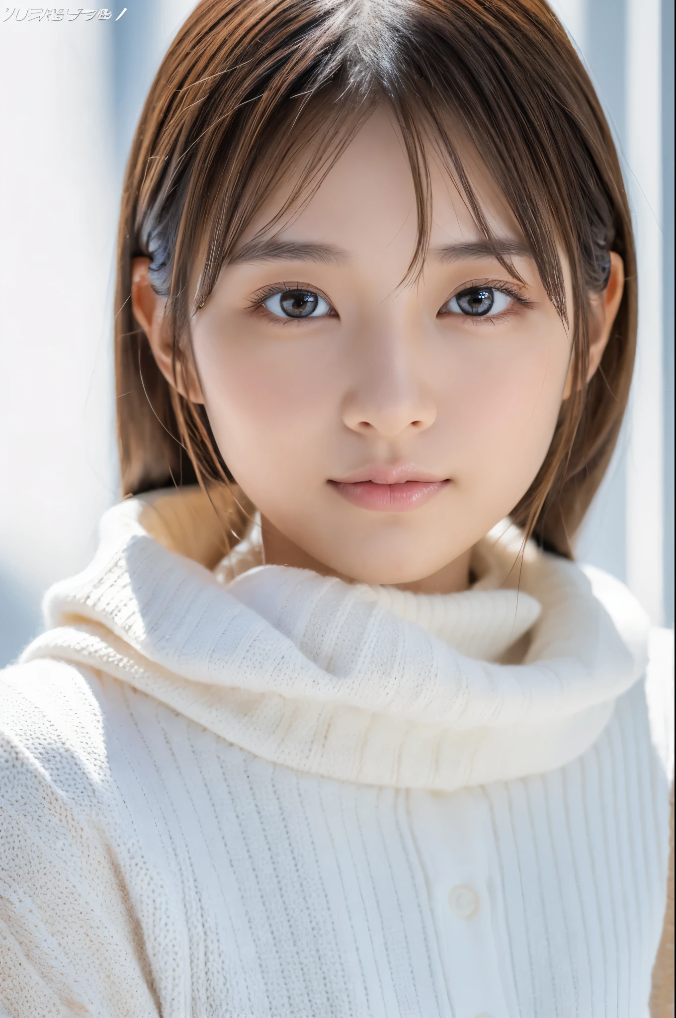 Young japanese lady, 30s, White background, It features a simple背景, white-brown hair, slender, 4K, in 8K, High quality, Beauty, Beautiful eyes, It features a simple, High resolution,1 person,Beautiful skins,Beautiful skin,wearing a white knit,Winters