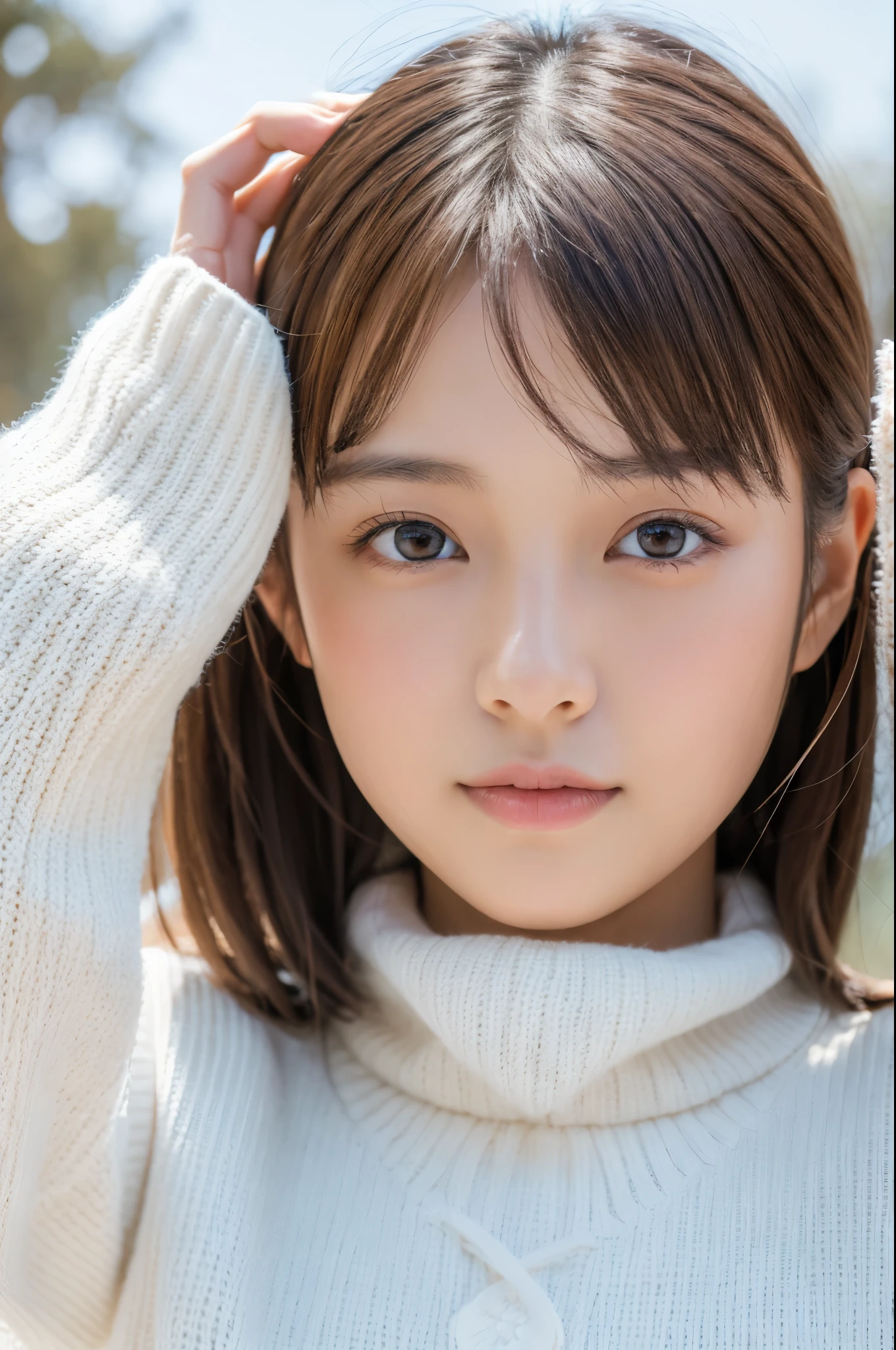 Young japanese lady, 30s, White background, It features a simple背景, white-brown hair, slender, 4K, in 8K, High quality, Beauty, Beautiful eyes, It features a simple, High resolution,1 person,Beautiful skins,Beautiful skin,wearing a white knit,Winters
