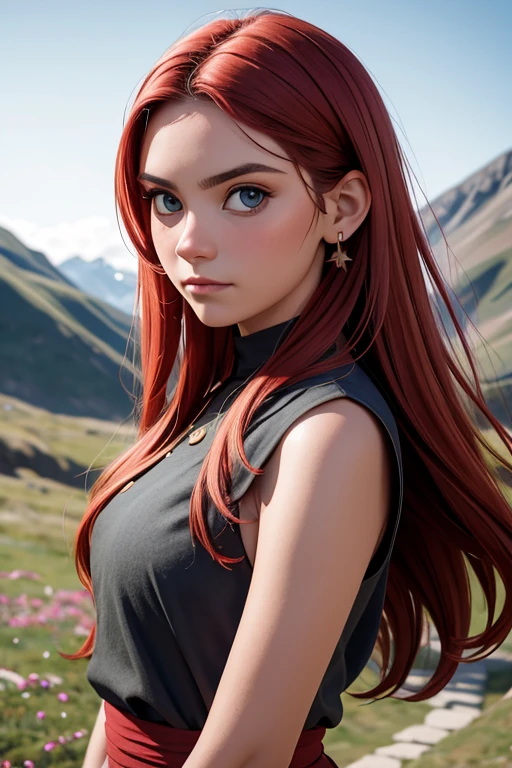 [Retrato de cuerpo entero] [Nordic fashion model aged 18-23] [cabello color rojo] [vestido como un estilo vikingo de guerreros] [Bored expression on face] [Photo taken in a mountainous and spring landscape] [type of illumination: natural  lighting], extremadamente realista, 8k, detalles locos, detalles intrincados, bellamente graduado de color, Color Grading, Cinematographer editorial, Cinematographer, bokeh, tomada con una lente de 60 mm, ISO 300, f / 4, 1/200th