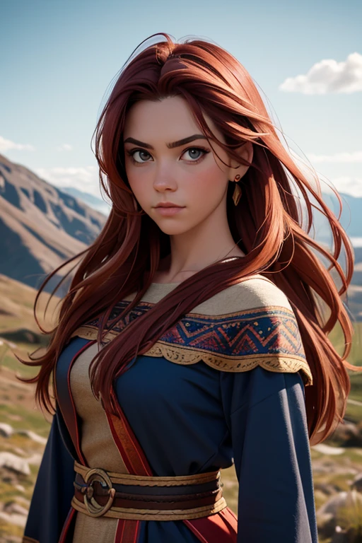 [Retrato de cuerpo entero] [Nordic fashion model aged 18-23] [cabello color rojo] [vestido como un estilo vikingo de guerreros] [Bored expression on face] [Photo taken in a mountainous and spring landscape] [type of illumination: natural  lighting], extremadamente realista, 8k, detalles locos, detalles intrincados, bellamente graduado de color, Color Grading, Cinematographer editorial, Cinematographer, bokeh, tomada con una lente de 60 mm, ISO 300, f / 4, 1/200th