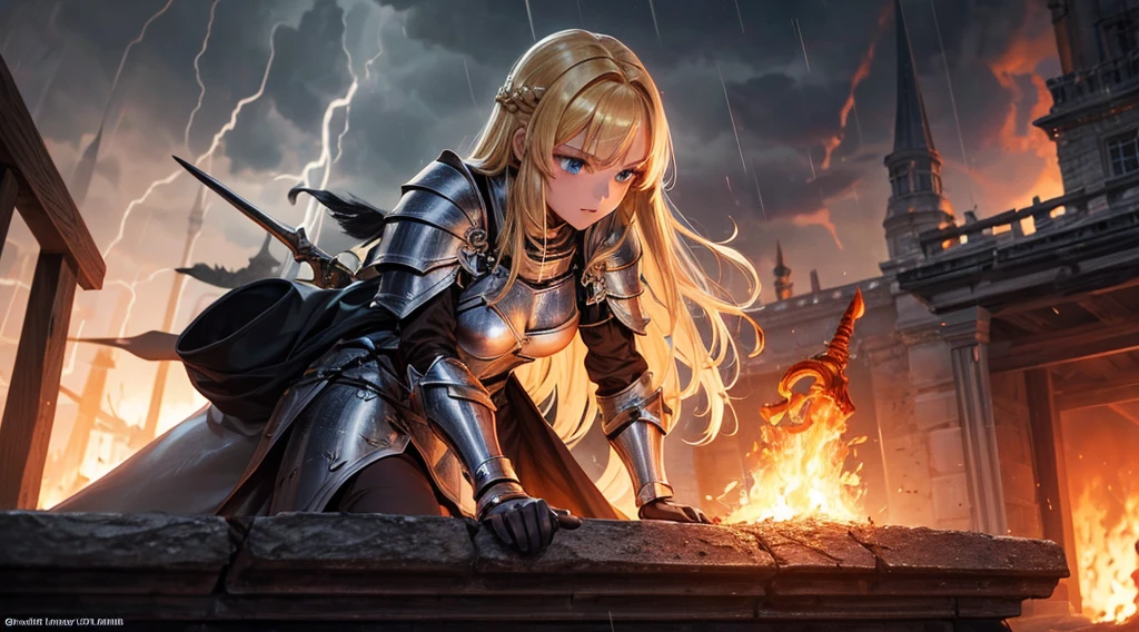 masterpiece,best quality,ultra detailed,(1 Fallen Female Knight),upper body shot,The fire sword,blonde hair,long hair,blue eye,straight hair,(ThunderStorm:1,5),darksouls,(fire:1.4),(Rainy:0.9),castle town