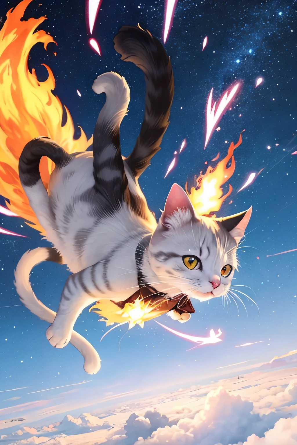white anime cat flying with fire powers charging on its paws