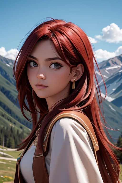 [Retrato de cuerpo entero] [Nordic fashion model aged 18-23] [cabello color rojo] [vestido como un estilo vikingo de guerreroored expression on face] [Photo taken in a mountainous and spring landscape] [type of illumination: natural  lighting], extremadamente realista, 8k, detalles locos, detalles intrincados, bellamente graduado de color, Color Grading, Cinematographer editorial, Cinematographer, bokeh, tomada con una lente de 60 mm, ISO 300, f / 4, 1/200th