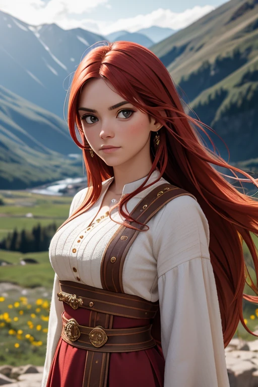 [Retrato de cuerpo entero] [Nordic fashion model aged 18-23] [cabello color rojo] [vestido como un estilo vikingo de guerreroored expression on face] [Photo taken in a mountainous and spring landscape] [type of illumination: natural  lighting], extremadamente realista, 8k, detalles locos, detalles intrincados, bellamente graduado de color, Color Grading, Cinematographer editorial, Cinematographer, bokeh, tomada con una lente de 60 mm, ISO 300, f / 4, 1/200th