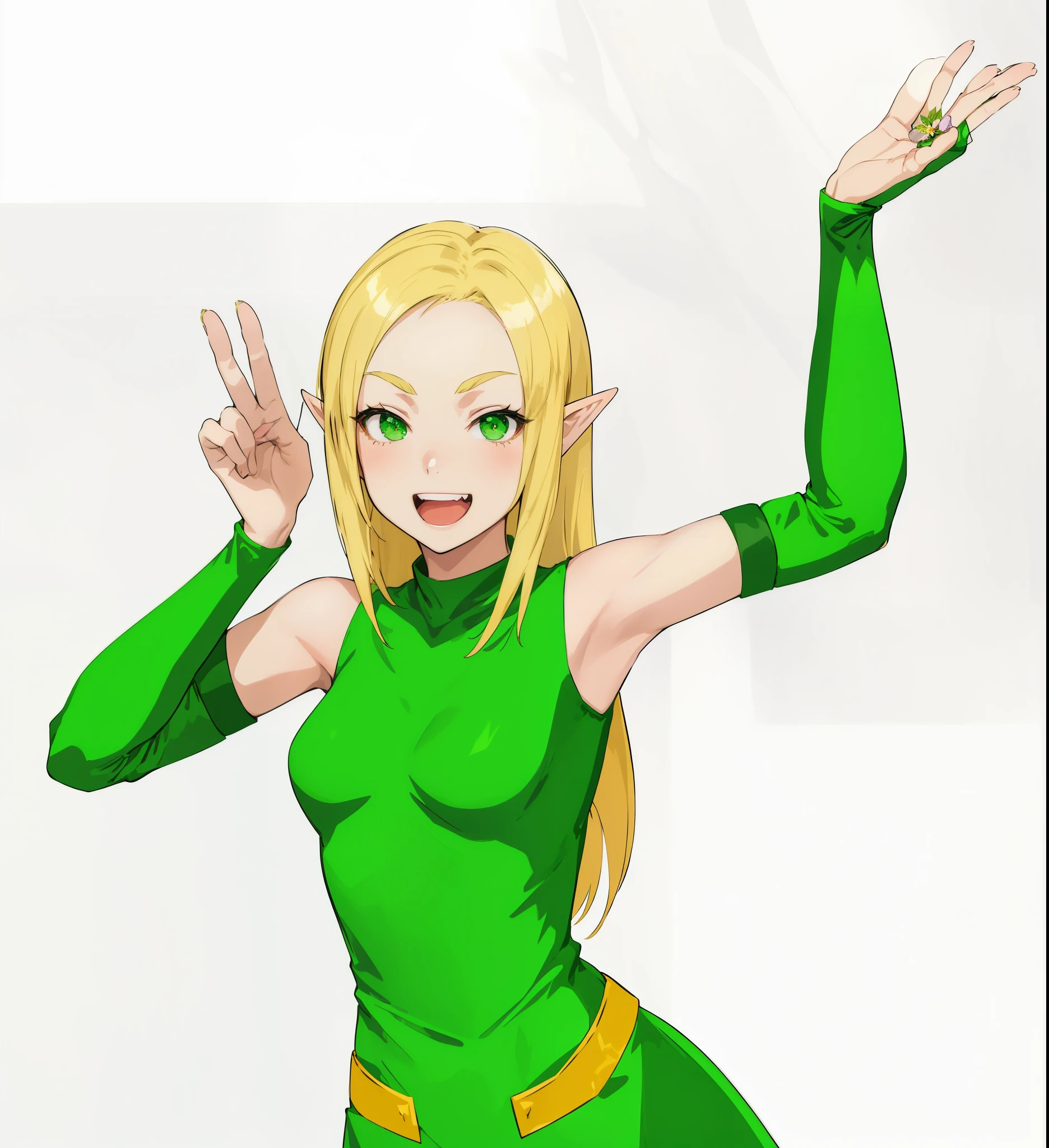 anime girl in green outfit with hands up in the air, elf girl, pose(arms up + happy), elven, a blonde emerald warrior, saiyan girl, female elf, v from devil may cry as an elf, elf girl, elf girl wearing an flower suit, inspired by INO, elven character with smirk, (((mad))) elf princess