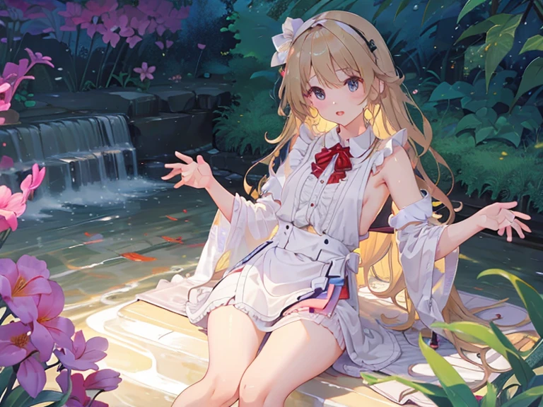 A -yeld giwith a cute Alice in Wonderland blonde wavy headband.、Sitting naked、She spreads her legs wide and shows her butt., anus, and small nipples.。I do not wear underwear。Pose seen from below。are small。Pose that shows your anus。 and anus are spread。Spreading legs with both hands。take off the apron dress。。NFSW