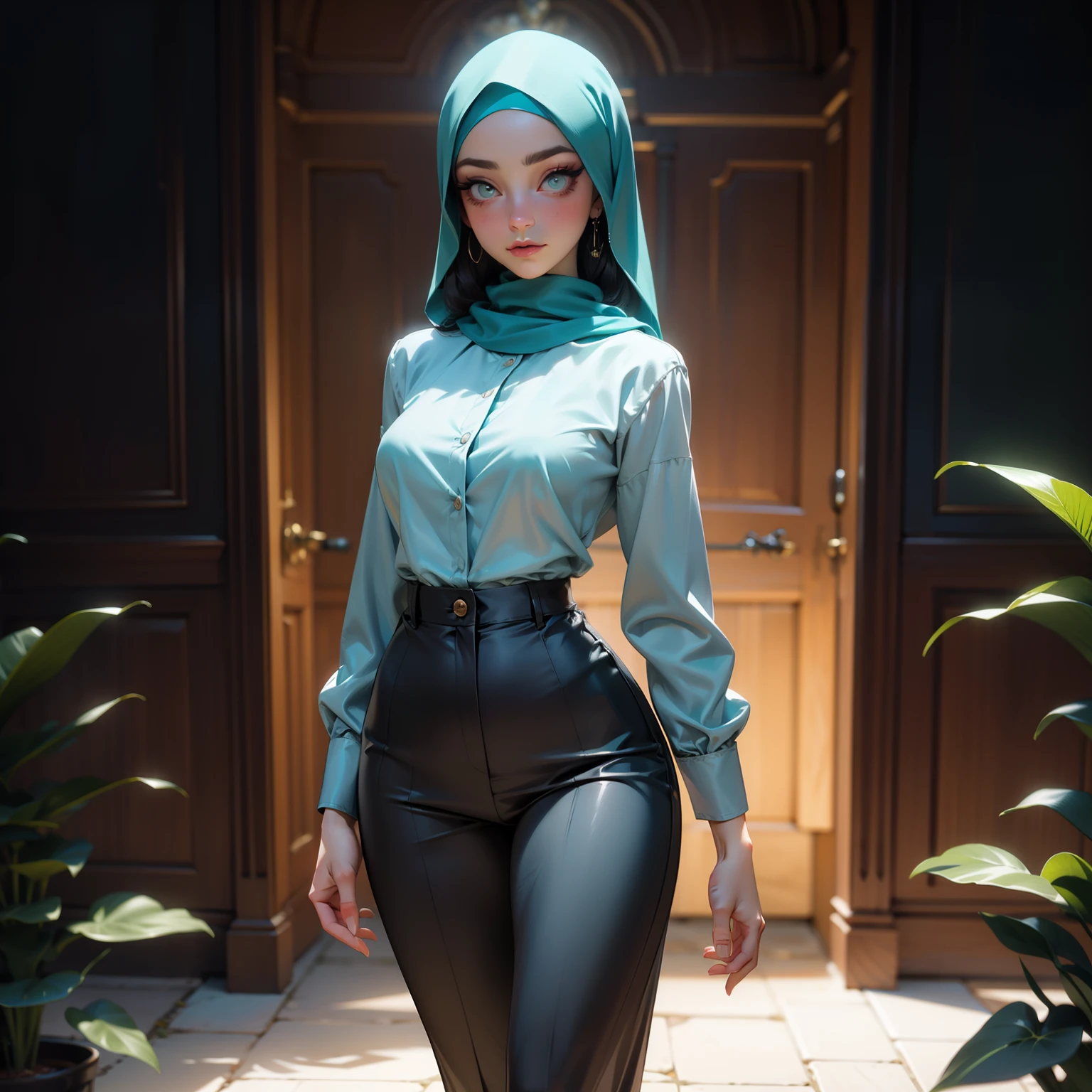 8k, highly detailed, full length frame, High detail RAW color art, diffused soft lighting, shallow depth of field, sharp focus, hyperrealism, cinematic lighting, hijab, a woman in a beautifully makeup, eyeshadow, beautiful big eyes, long eye lashes, medium breast, wide hips, wearing (Teal satin hijab), (( gray satin shirt, satin trousers pants)), walking, garden