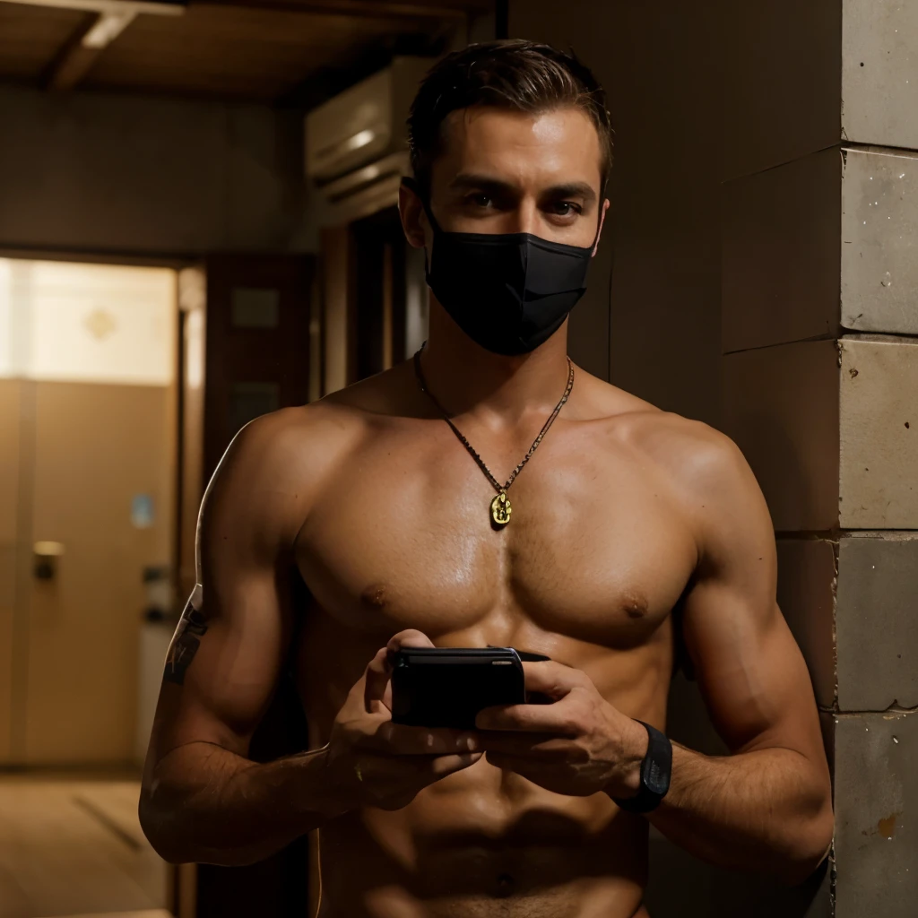 Nicolas Prattes Bittencourt Pires (male), vestindo thong cor de ouro, holding cell phone in one hand, He has a mask being held in the other hand. ao fundo a imagem de uma boate com bandeira lgbtqia+