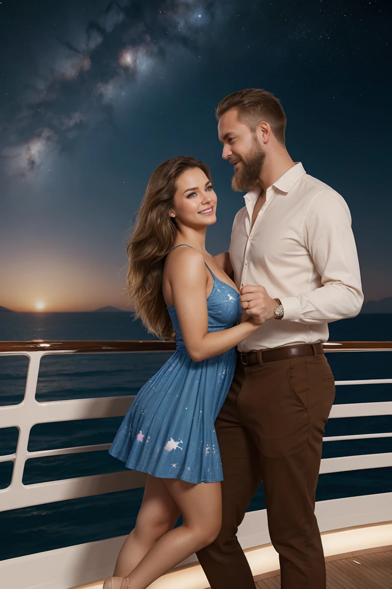 ((A smiling couple in love)), ((woman with wavy brown hair wearing a sundress small breast)), dancing close with ((a masculine man with short blonde hair and a full blonde beard wearing pants and shirt)), (((blue eyes))), hair with many details, 8k artgerm bokeh, fanart best artstation, render photorealistic, guweiz-style art, inspired by WLOP, ig model | artgerm, detailed, stunning realistic face, beautiful, deviantart artstation cgscosiety, cinematic realistic, high quality portrait, elegant digital painting, photorealistic artstyle, ((cruise ship background)), ((night sky)), ((in love))
