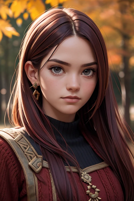 [Retrato de cuerpo entero] [Nordic fashion model aged 18-23] [cabello color rojo] [vestido como un estilo vikingo de guerreroored expression on face] [Forest and autumn landscape] [type of illumination: natural  lighting], extremadamente realista, 8k, detalles locos, detalles intrincados, bellamente graduado de color, Color Grading, Cinematographer editorial, Cinematographer, bokeh, tomada con una lente de 60 mm, ISO 300, f / 4, 1/200th