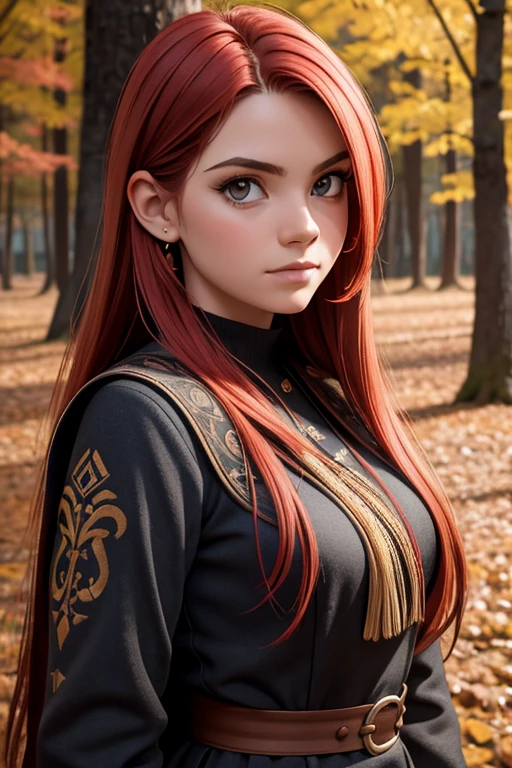 [Retrato de cuerpo entero] [Nordic fashion model aged 18-23] [cabello color rojo] [vestido como un estilo vikingo de guerreroored expression on face] [Forest and autumn landscape] [type of illumination: natural  lighting], extremadamente realista, 8k, detalles locos, detalles intrincados, bellamente graduado de color, Color Grading, Cinematographer editorial, Cinematographer, bokeh, tomada con una lente de 60 mm, ISO 300, f / 4, 1/200th