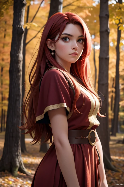 [Retrato de cuerpo entero] [Nordic fashion model aged 18-23] [cabello color rojo] [vestido como un estilo vikingo de guerreroored expression on face] [Forest and autumn landscape] [type of illumination: natural  lighting], extremadamente realista, 8k, detalles locos, detalles intrincados, bellamente graduado de color, Color Grading, Cinematographer editorial, Cinematographer, bokeh, tomada con una lente de 60 mm, ISO 300, f / 4, 1/200th