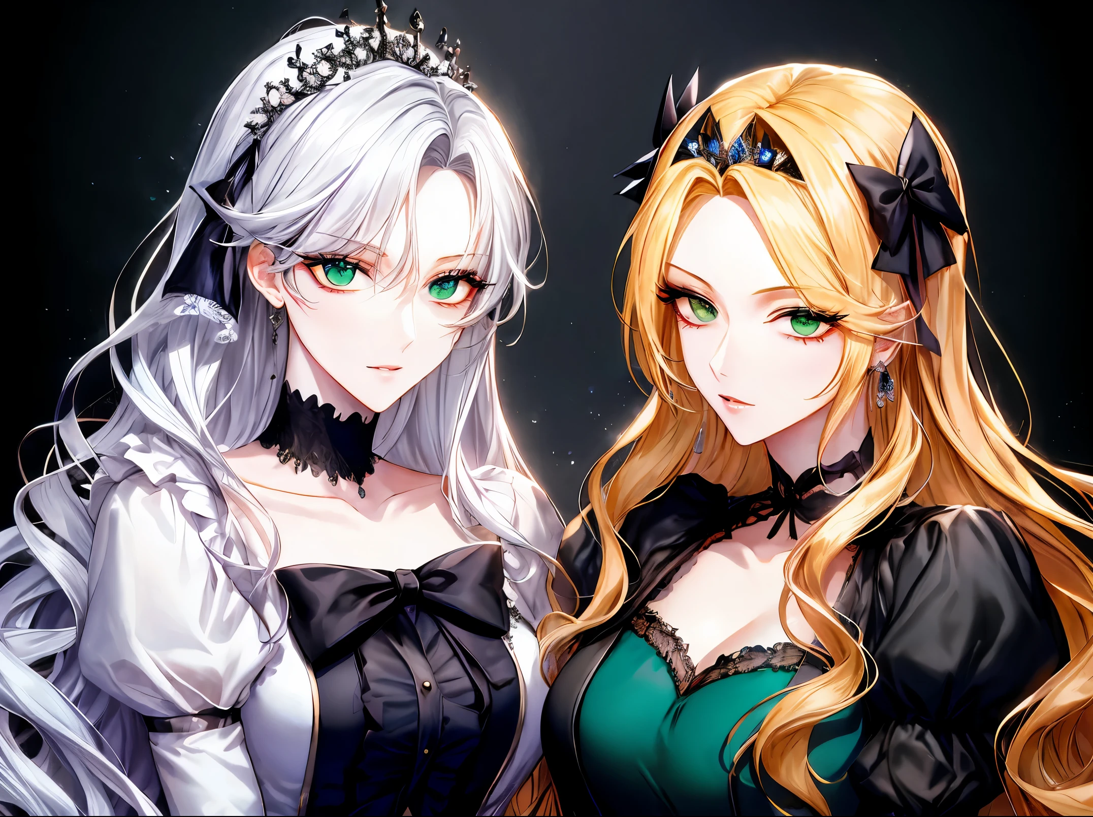 shoujo-style, (floral background), romance manhwa, (2girls:1.2), (aligned), silver hair, blonde hair, solo, long hair, flower, dress, tiara, white dress, gloves, long sleeves, choker, ((green eyes)), red eyes, mascara, makeup, white gloves, black bow, black flower, wavy hair, bow, jewelry, looking at viewer, white background, collarbone, puffy sleeves, silver accessories, upper body, parted bangs, very long hair, blue dress, frills, bangs, closed mouth, detailed eyes, (close up), gleaming skin, shiny glossy skin