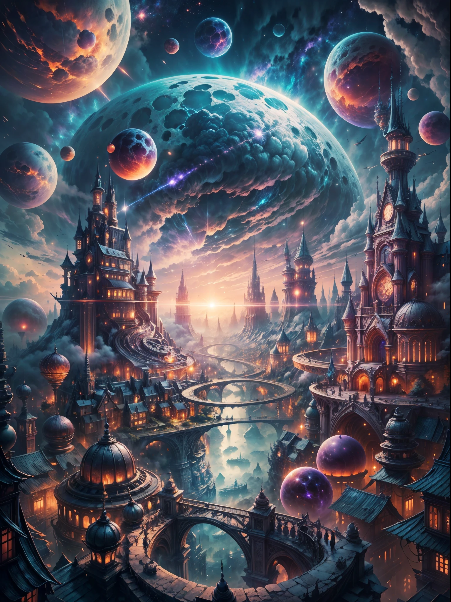 ((master piece)), best quality, (8k, best quality, masterpiece:1.2), ultra-detailed, illustration, big fantasy city, Science fiction, ethereal city, Floating city, many planets in the skies, clouds around, celestial architecture, purple energy scarring around, Giant castle in the center, astral skies