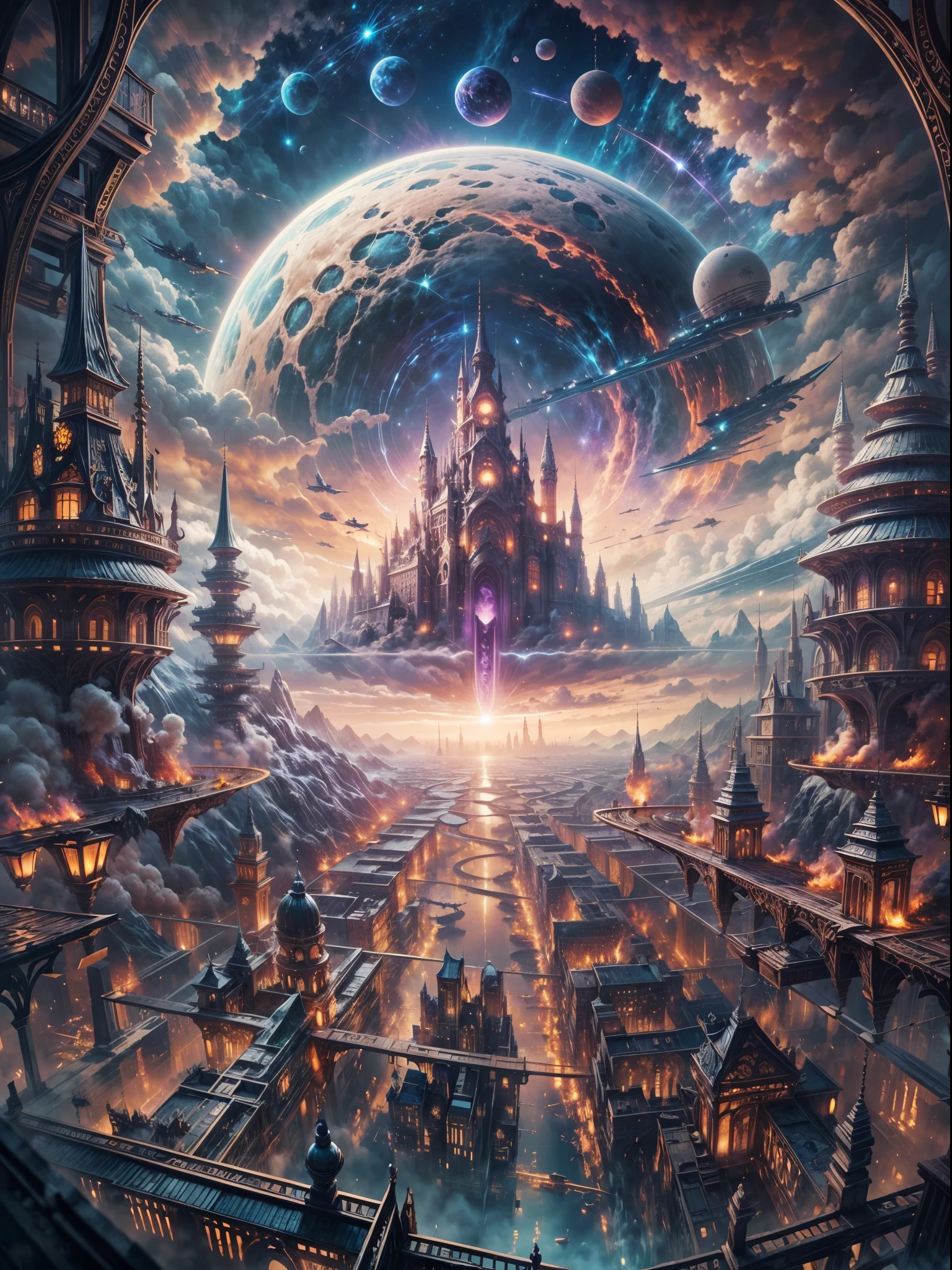 ((master piece)), best quality, (8k, best quality, masterpiece:1.2), ultra-detailed, illustration, big fantasy city, Science fiction, ethereal city, Floating city, many planets in the skies, clouds around, celestial architecture, purple energy scarring around, Giant castle in the center, astral skies
