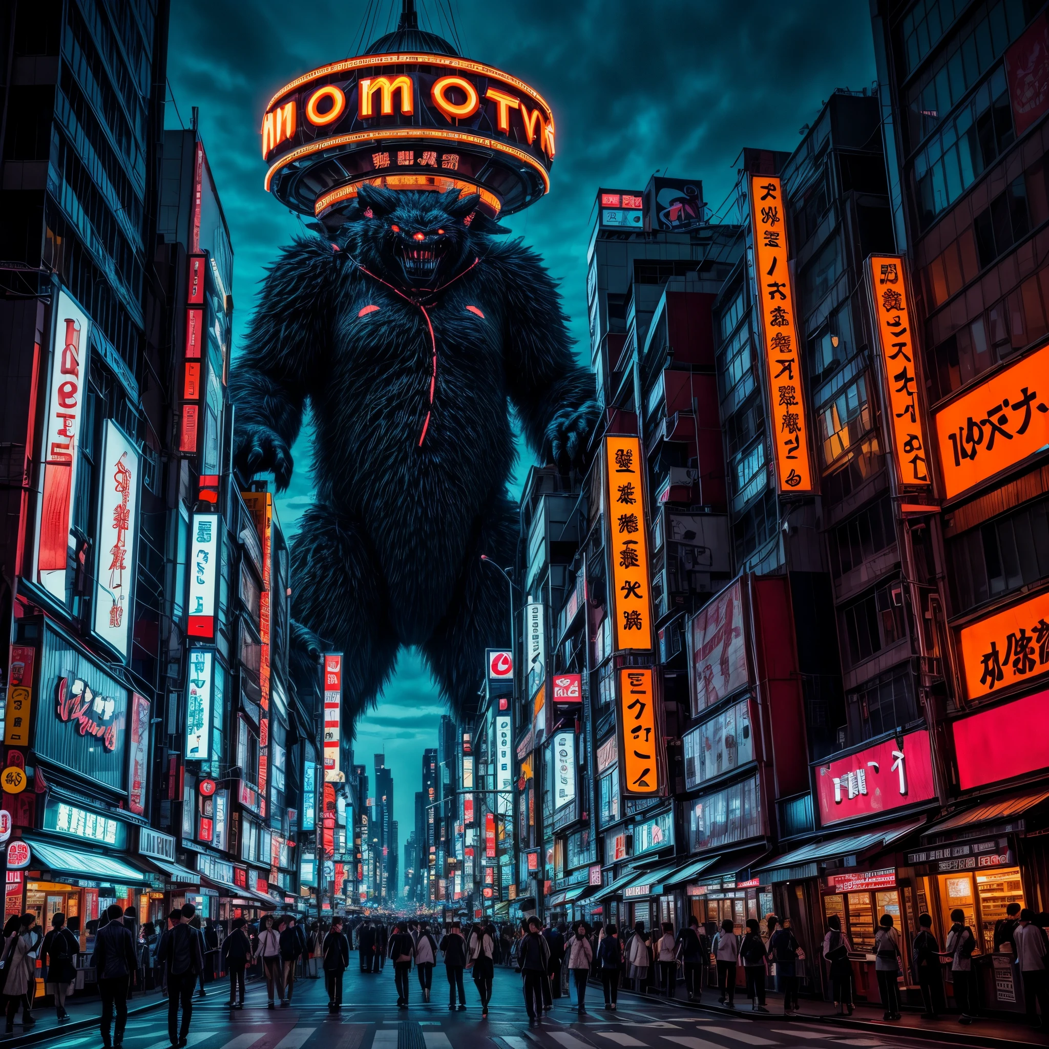 midnight in Tokyo, giant monster clinging to building,fascinating cityscape, vibrant neon signs, bustling streets,[monster:1.1],[giant:1.1],[intriguing:1.1],[nighttime:1.1],[urban:1.1],[skyscraper:1.1],[busy:1.1],[crowded:1.1],[mysterious:1.1],[mesmerizing:1.1],[captivating:1.1],[streets:1.1],[buildings:1.1],[people:1.1],[lights:1.1],[neon signs:1.1],[city nightlife:1.1],[exciting:1.1],[thrilling:1.1],[downtown:1.1],[lit streets:1.1],[bustling activity:1.1],[vivid colors:1.1],[energetic atmosphere:1.1]