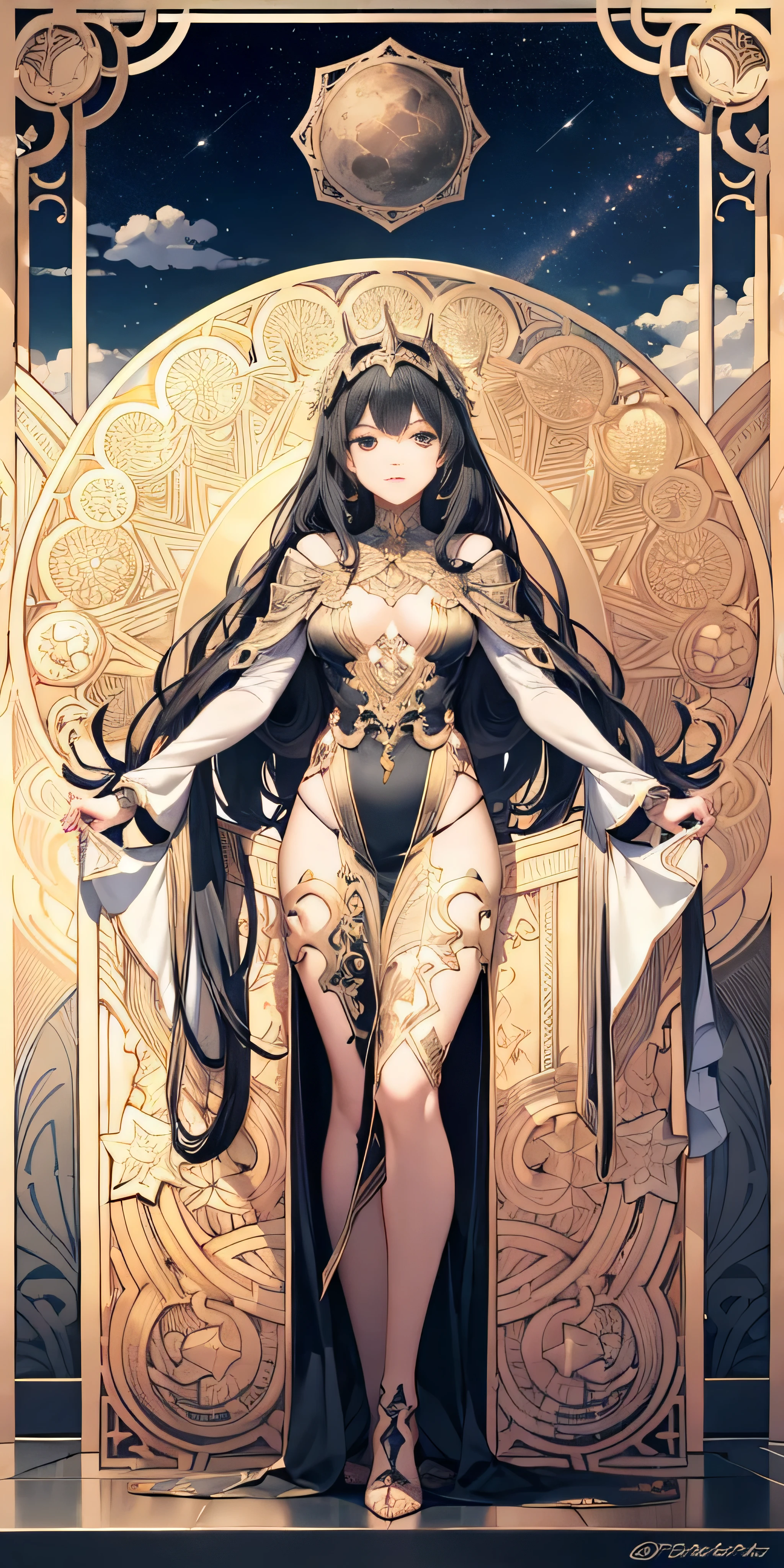 black haired goddeslack suit,Blank box,Blank card back box, Decorative panels, abstract artistic, An Alphonse Mucha's (tmasterpiece, Best quality, A high resolution: 1.4), detailed, Complicated details, 4K, splash of color, line art, Fibonacci, starrysky, natta, luring, clouds, reflector, Eau, magia, (tarot cards),美丽的黑色Eau晶星)) buliding, palaces, Patterned, Sumeru, clouds, themoon