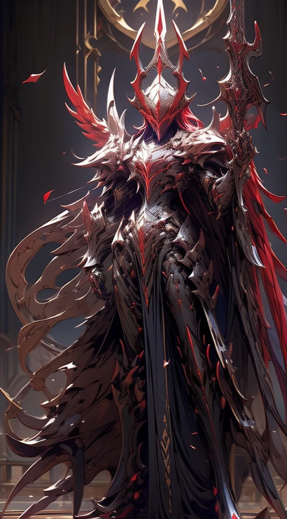 Armor, Demon, Crimson Stone on the chest, closed armor helmet, with horns on the helmet, with peaked shoulder pads, that the crimson shines in a red tone, visor on the red helmet, with black wings with red details at the end, That the armor has blood red details, with a black skirt with gold details, that it is standing, angle facing the camera, lighting coming from the crimson glass, slim body size, marked abdomen of the armor.