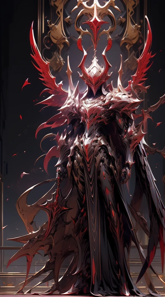Armor, Demon, Crimson Stone on the chest, closed armor helmet, with horns on the helmet, with peaked shoulder pads, that the crimson shines in a red tone, visor on the red helmet, with black wings with red details at the end, That the armor has blood red details, with a black skirt with gold details, that it is standing, angle facing the camera, lighting coming from the crimson glass, slim body size, marked abdomen of the armor.
