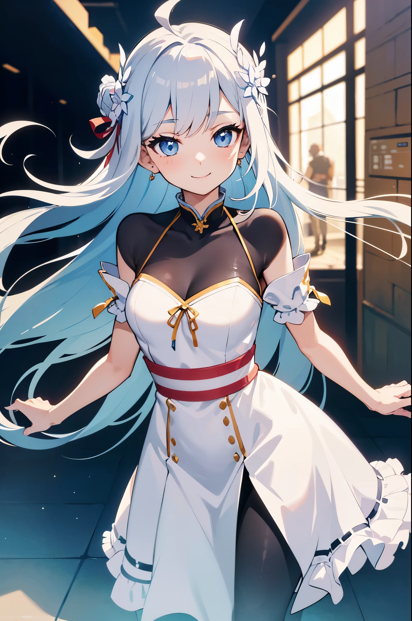 (Masterpiece), (Best Quality), (Super Detailed), (Dirty Hair), (Illustration), (1 Girl) (Long white Hair 1.5) (Blue Eyes) (blue inner hair), ((((No Shoulders))),Hanfu, (Looking at the Audience, (Interview), ( Background), Beautiful and Delicate Eyes, Delicate Beautiful Face, Soaring (High Saturation), Accent on Face, PerfectNwsjMajic, Shoulderless, fall clothes, facing the masses, perfect figure, happy, warm smile, full body, tights, shopping, mall,