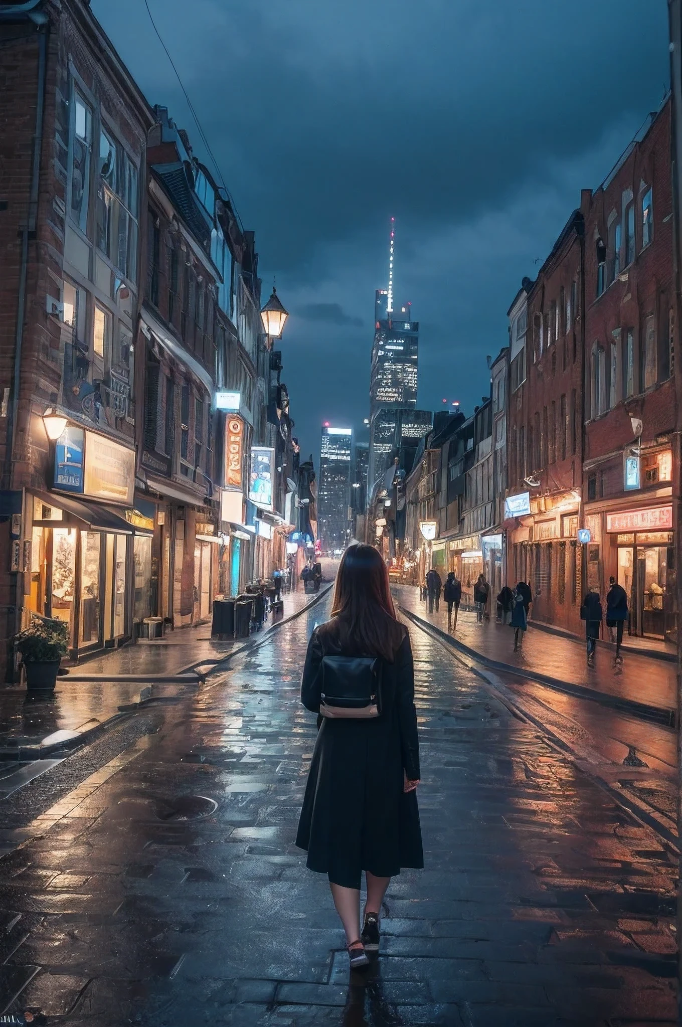 (8K, Raw photo, Best Quality, masutepiece, Realistic, photo-Realistic), (1womanl, Cute:1.2), (Cityscape, Night:1.5), Rain, Wet, Professional Lighting, Photon mapping, Radio City, Physically-based rendering