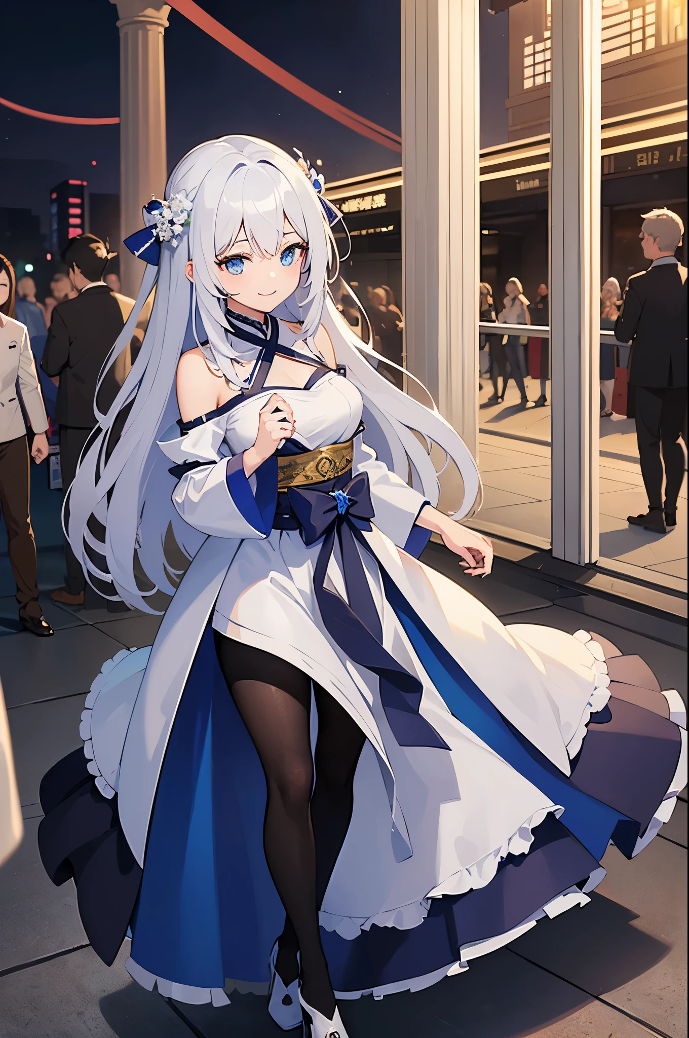 (Masterpiece), (Best Quality), (Super Detailed), (Dirty Hair), (Illustration), (1 Girl) (Long white Hair 1.5) (Blue Eyes) (blue inner hair), ((((No Shoulders))),Hanfu, (Looking at the Audience, (Interview), ( Background), Beautiful and Delicate Eyes, Delicate Beautiful Face, Soaring (High Saturation), Accent on Face, PerfectNwsjMajic, Shoulderless, fall clothes, facing the masses, perfect figure, happy, warm smile, full body, tights, shopping, mall,
