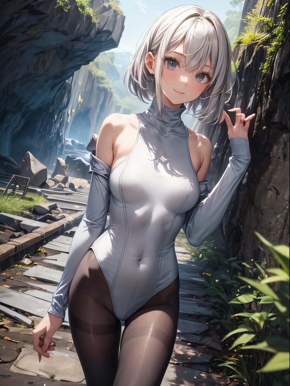 top-quality、Full limbs、complete fingers、Slender beauty、a 25yo woman、Short Bob、silber hair、((gray high neck leotard:1.5))、Black pantyhose、A big smile、((caves:1.5))、Walking