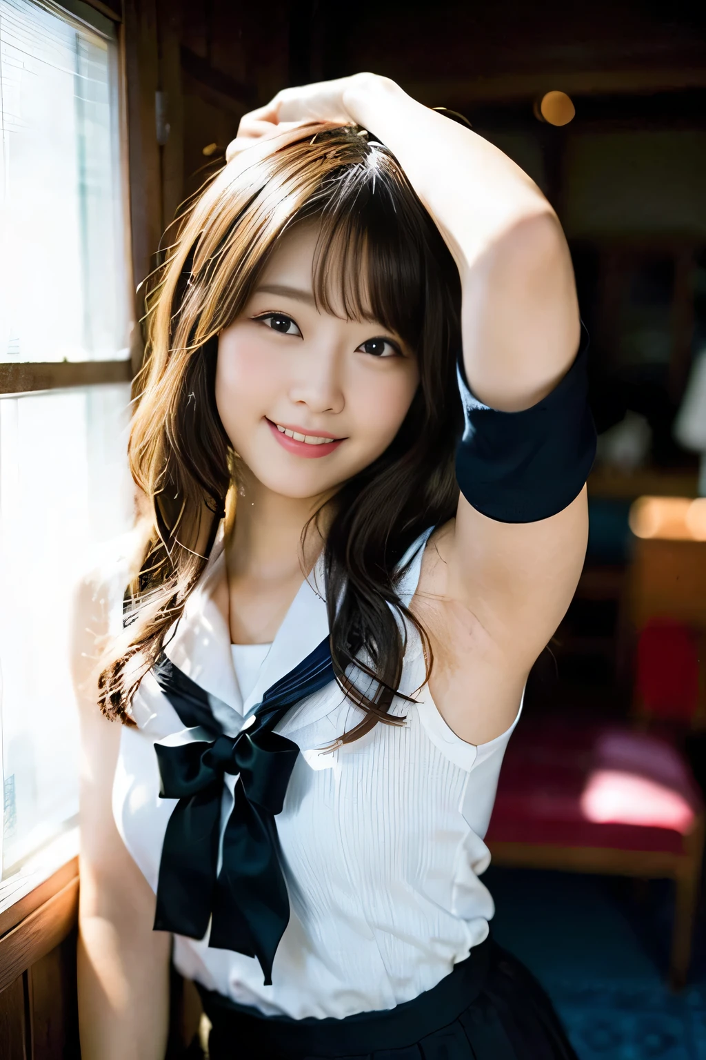 (8K、Raw photography、top-quality、​masterpiece:1.2)、(realisitic、Photorealsitic:1.37)、ultra-detailliert、超A high resolution、女の子1人、see the beholder、beautifull detailed face、A smile、Constriction、(Slim waist) :1.3)、Beautiful detailed skin、Skin Texture、Floating hair、Professional Lighting、Whole human body、Longhaire、a blond、japanese hight school uniform、a sailor suit、Bob Hair、Happy smile、15yo student、innocent smiles、childs room、Pose showing armpits