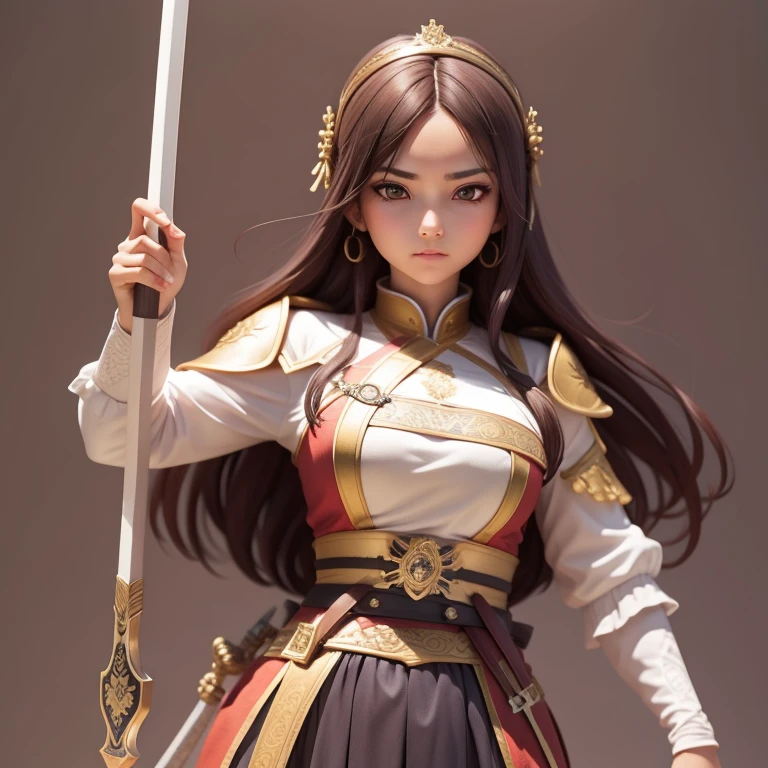 Jovencita, guerrera, soldado imperio chino, espada, escudo, casco de guerrero medieval, pose de combate, cabello corto, pecho grande, mirada .