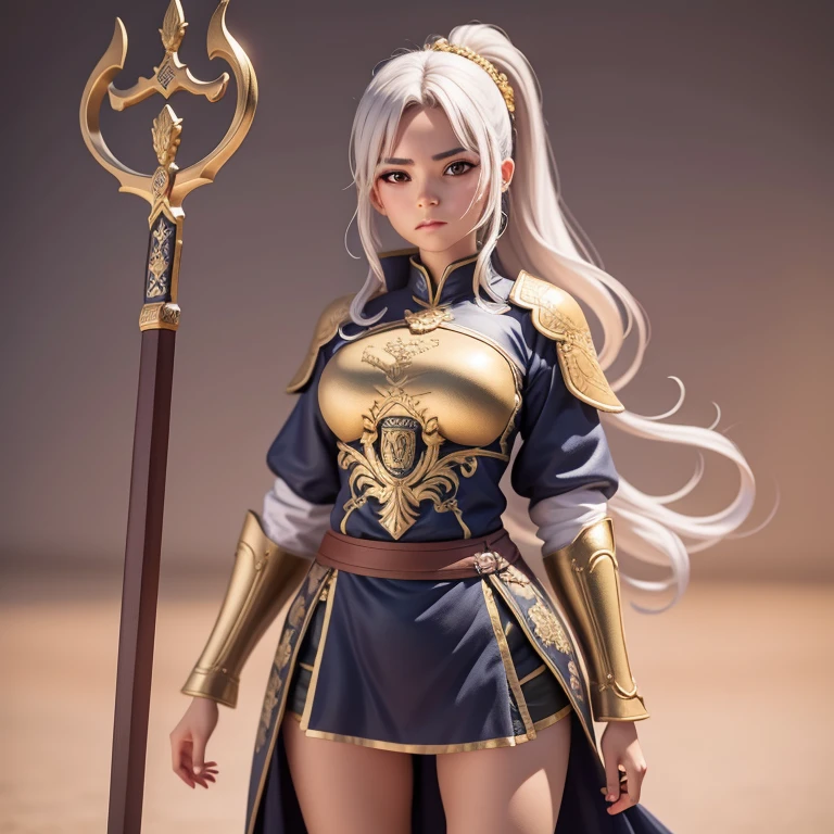 Jovencita, guerrera, soldado imperio chino, espada, escudo, casco de guerrero medieval, pose de combate, cabello corto, pecho grande, mirada .