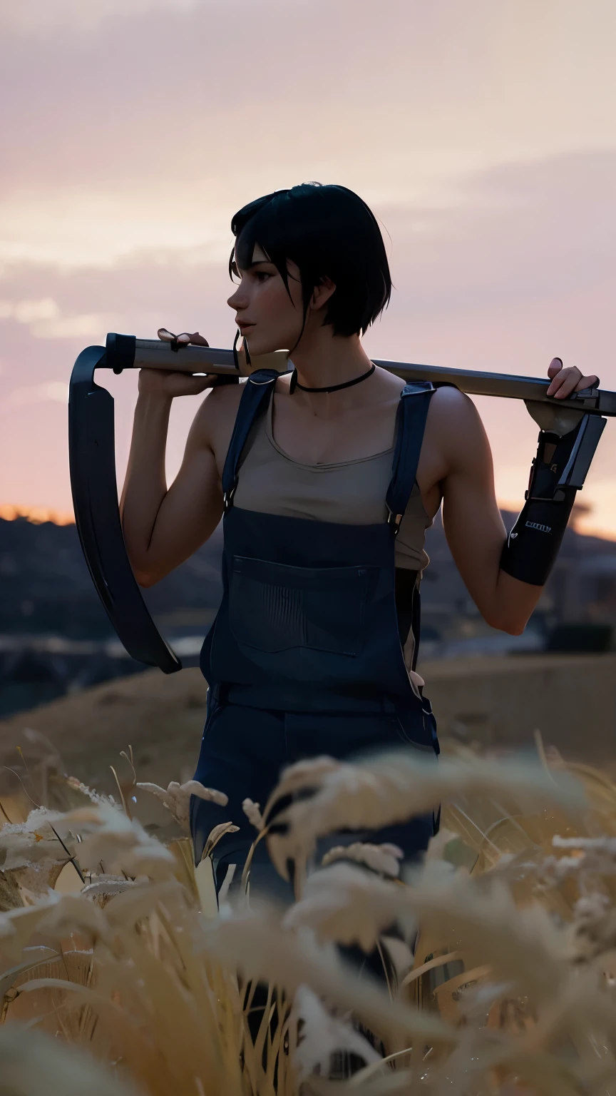 Beautiful girl with black short hair. Elsa wears a tank top and blue overalls. Background other planet