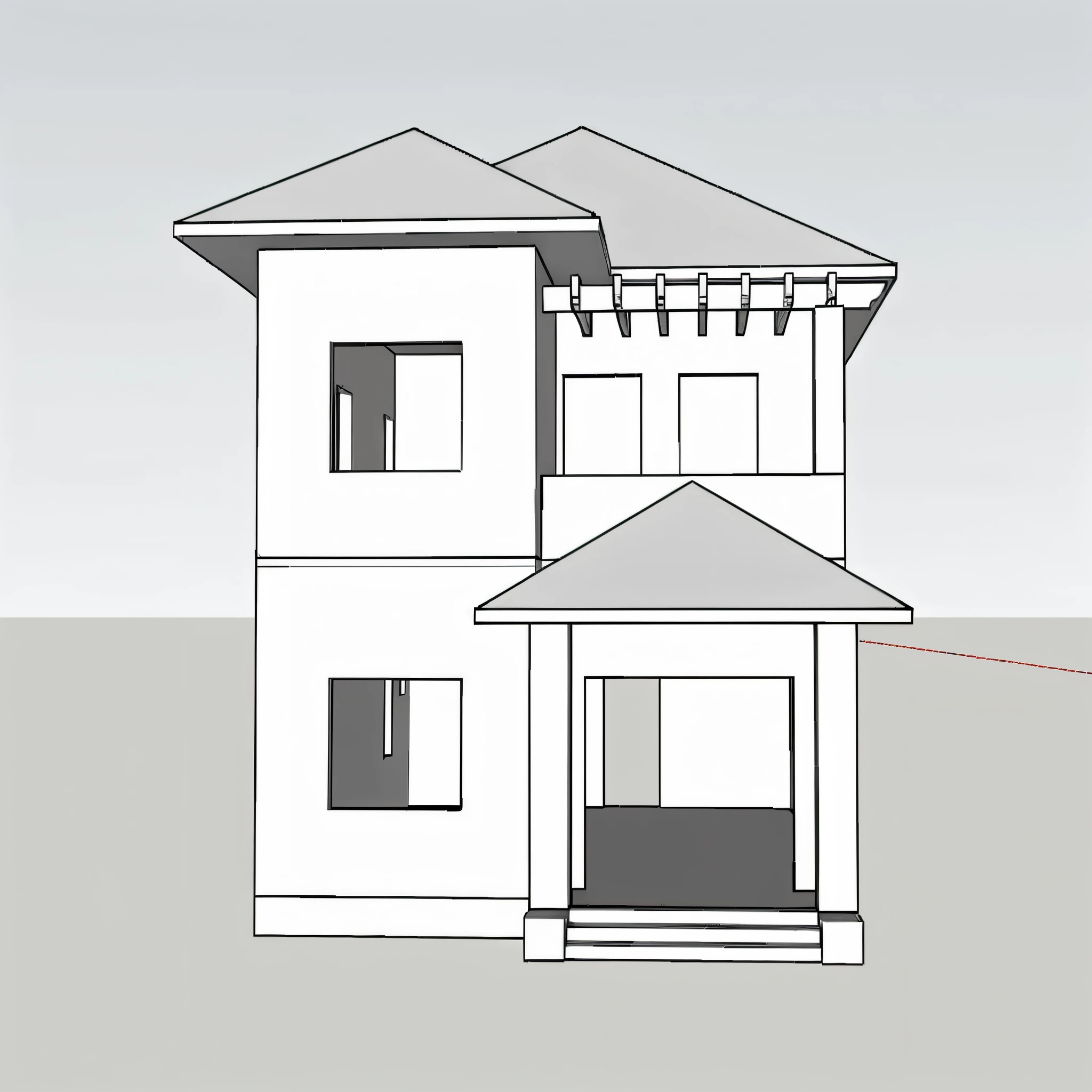 a drawing of a house with a red line going through it, front-view, frontview, front view dramatic, front perspective, front view, front elevation view, front elevation, 3/4 view realistic, sketch - up, front top side view, 3/4 front view, all white render, a long-shot from front, elevation view