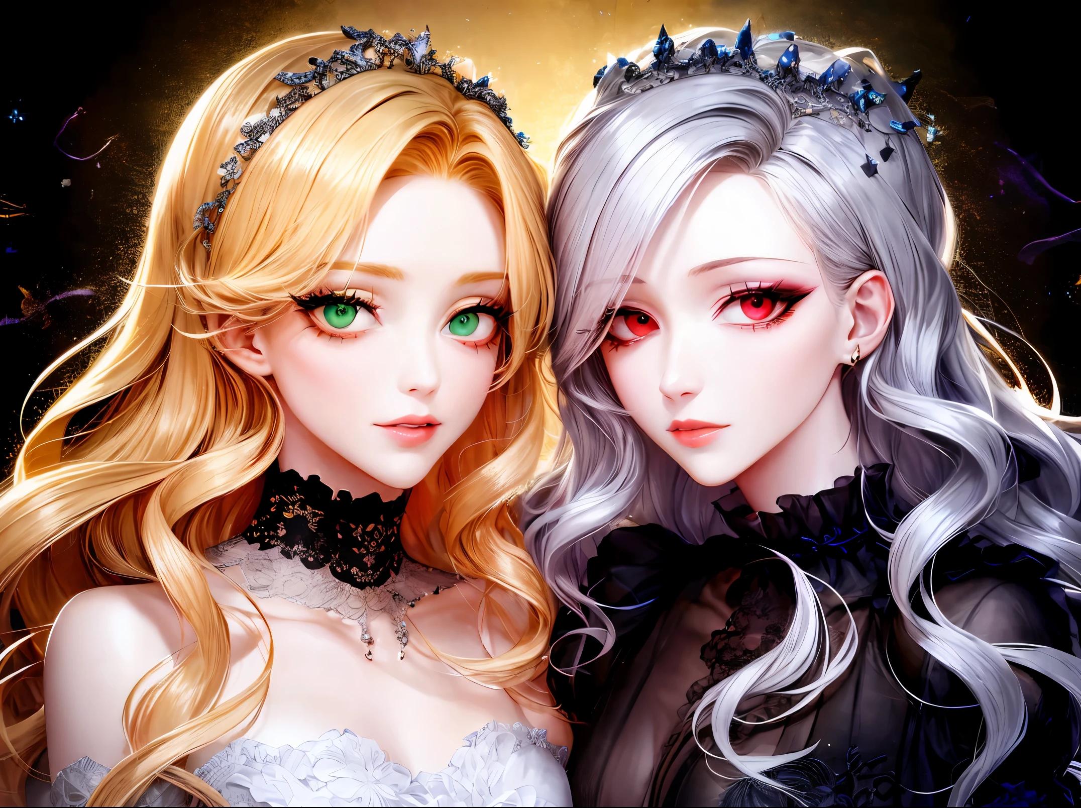 shoujo-style, (floral background), romance manhwa, (2girls:1.2), (aligned), silver hair, blonde hair, solo, long hair, flower, dress, (tiara), white dress, gloves, long sleeves, choker, (green eyes:1.2), red eyes, mascara, makeup, white gloves, black bow, black flower, wavy hair, bow, jewelry, looking at viewer, white background, collarbone, puffy sleeves, silver accessories, upper body, parted bangs, very long hair, blue dress, frills, bangs, closed mouth, detailed eyes, (close up), gleaming skin, shiny glossy skin