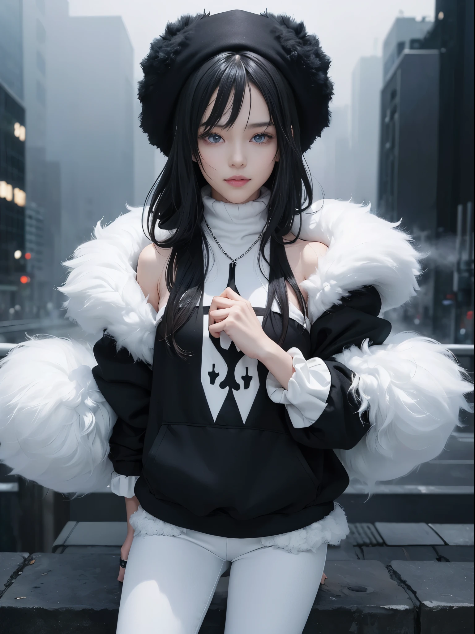 (anime art:1.8), (Geometrical art, official art, beautiful and aesthetic), (1girl:2.0), (Detailed face, Detailed eyes, Glossy Lips, dropy eyes, Double eyelid, Light color eyes, Glossy eyes, Shiny eyes:1.4), Detailed hair, young fingers, Detailed fingers, five fingers,
_
BREAK cute ig model, Japanese cute model, 22 years old, Tightened all body, small head, small face, small mouth, diamond Face, small nose, Sharp Faceline, Shiny skin, shiny hair,
_
BREAK (happy, smile, Teeth), beautiful Teeth, (model pose:1.3),
_
(minimalistic black and white theme cityscape:1.4),(blurry,mist:1.4)
BREAK
(black and White theme:1.4),(black theme:1.4),(Moist, Fluffy:1.5), (Oversized, baggy all black loose-fitting fur hoodie and Fluffy outfit:1.4), Break (White theme:1.4), (white stretch skinny leggings:1.4), Break (black theme:1.4),(wearring black Sneaker:1.4),