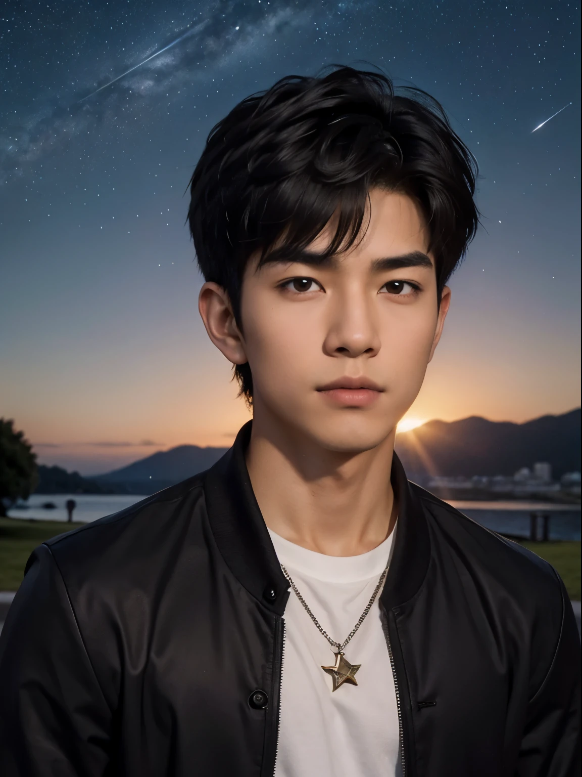 (photorealistic, masterpiece, 8K HD, good lighting quality, portrait, closing up on face, intricate details, dim lighting), a handsome young vietnamese man, 25 years old, sharp gaze, confident, soft smirk, detailed face, detailed eyes, looking at the sky, wearing short-sleeved jacket over shirt, casual wear, necklace, dark brown eyes, (tanned skin), lean physique, black hair, smooth hair, hair bangs, short hair, straight hair, outdoors, dawn, stars, constellation, cosmical, dreamy world, surrealism, ethereal