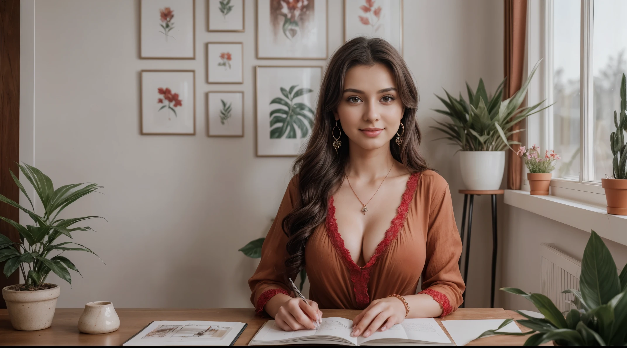 8k, masterpiece, RAW photo, best quality, photorealistic, extremely detailed CG unity 8k wallpaper, Depth of field, Cinematic Light, Lens Flare, Ray tracing, (extremely beautiful face, beautiful lips, beautiful eyes), intricate detail face, ((ultra detailed skin)) 1girl, 17years old, studying in her aesthetic room, deep shadow, [Raiana-Elizabeth-Dilla], pretty girl, (very slim slender fit-muscled body:1.3), ((looking at viewer)),(big smile:1), (sexy ((ultra-short ((red:1.3)) bohemian-style mini-shirt-dress, traditional fashion),(without people in the background:1.3), girl studying in her aesthetic room, cozy atmosphere, natural lighting, vintage furniture, inspiring quotes on the walls, plants and flowers on the windowsill, warm color palette, soft and comfortable seating area, beautiful artwork on the walls, dainty desk accessories, organized bookshelves, a cup of coffee on the table, dreamy curtains, fairy lights, motivational books and stationery, a cozy blanket, a laptop and notebooks on the desk, a peaceful and calm ambiance, serene music playing in the background. beautiful earrings, bracelets, necklace, clear eyes, (pale skin), (big eyeace forward, ((full body cinematic shot)), (black hairs), (looking at viewer:1.3) open breast, very slim, large breasts, touching the breast, highly detailed, ultra realistic,