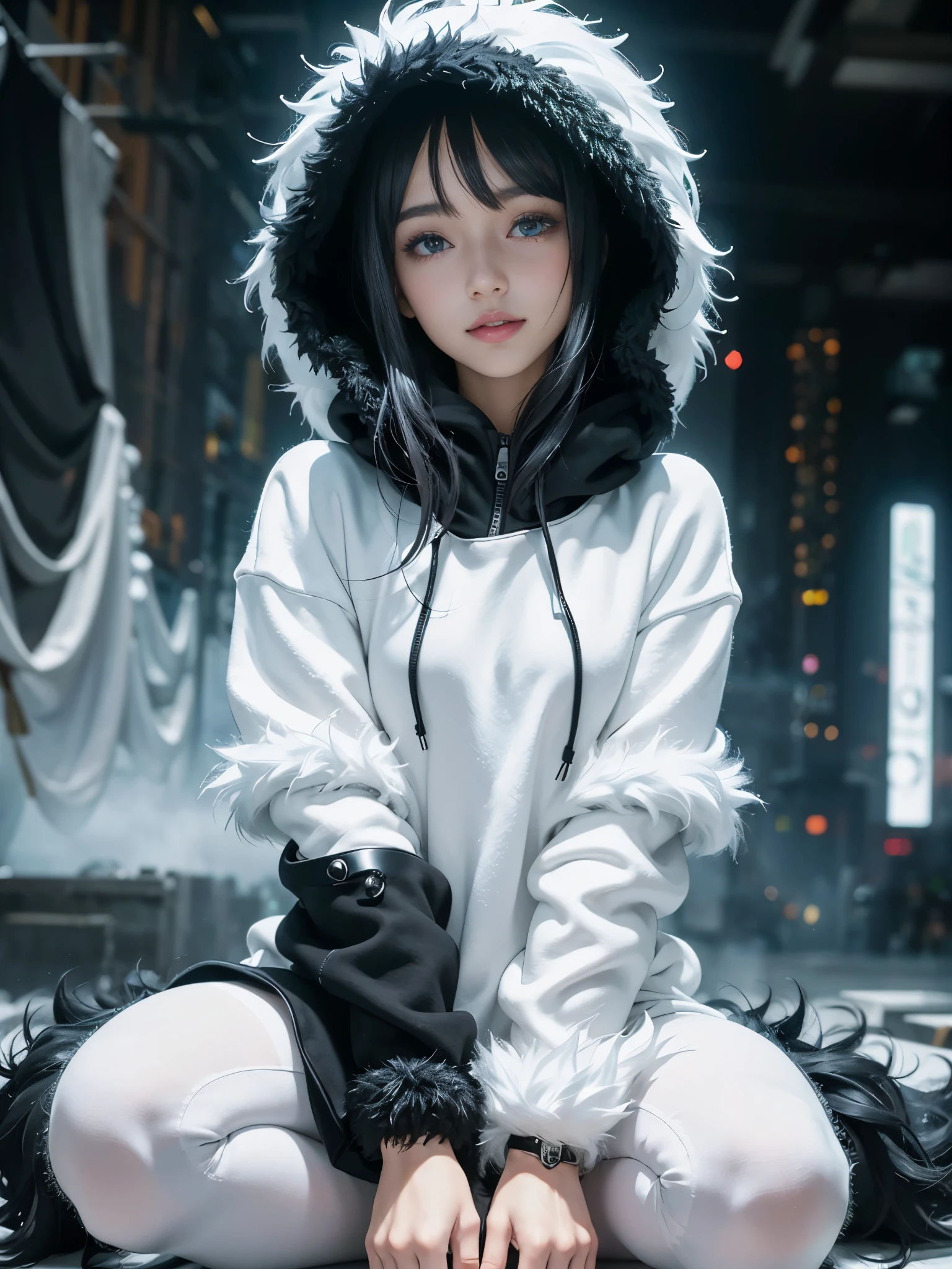 (anime art:1.8), (Geometrical art, official art, beautiful and aesthetic), (1girl:2.0), (Detailed face, Detailed eyes, Glossy Lips, dropy eyes, Double eyelid, Light color eyes, Glossy eyes, Shiny eyes:1.4), Detailed hair, young fingers, Detailed fingers, five fingers, 
_
BREAK cute ig model, Japanese cute model, 22 years old, Tightened all body, small head, small face, small mouth, diamond Face, small nose, Sharp Faceline, Shiny skin, shiny hair, 
_
BREAK (happy, smile, Teeth), beautiful Teeth, (model pose:1.3),
_
(minimalistic black and white theme cityscape:1.4),(blurry,mist:1.4)
BREAK
(black and White theme:1.4),(black theme:1.4),(Moist, Fluffy:1.5), ( baggy all black loose-fitting fur hoodie and Fluffy outfit:1.4), Break (White theme:1.4),  (white stretch skinny leggings:1.4), Break (black theme:1.4),(wearring black Sneaker:1.4),