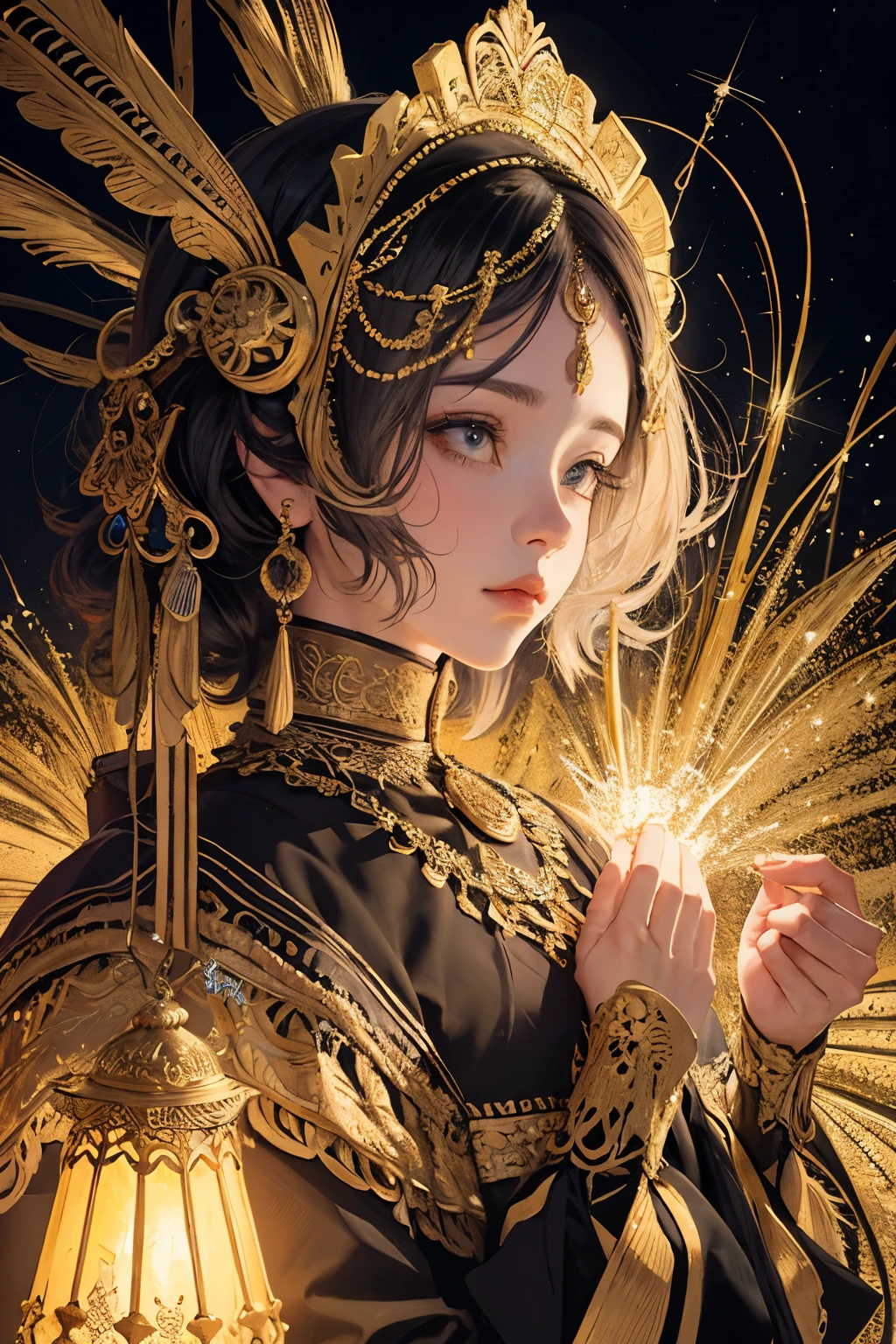 (masterpiece, top quality, best quality, official art, beautiful and aesthetic:1.2), (1girl), extreme detailed,colorful,highest detailed, official art, unity 8k wallpaper, ultra detailed, beautiful and aesthetic, beautiful, masterpiece, best quality, (zentangle, mandala, tangle, entangle) ,holy light,gold foil,gold leaf art,glitter drawing, PerfectNwsjMajic