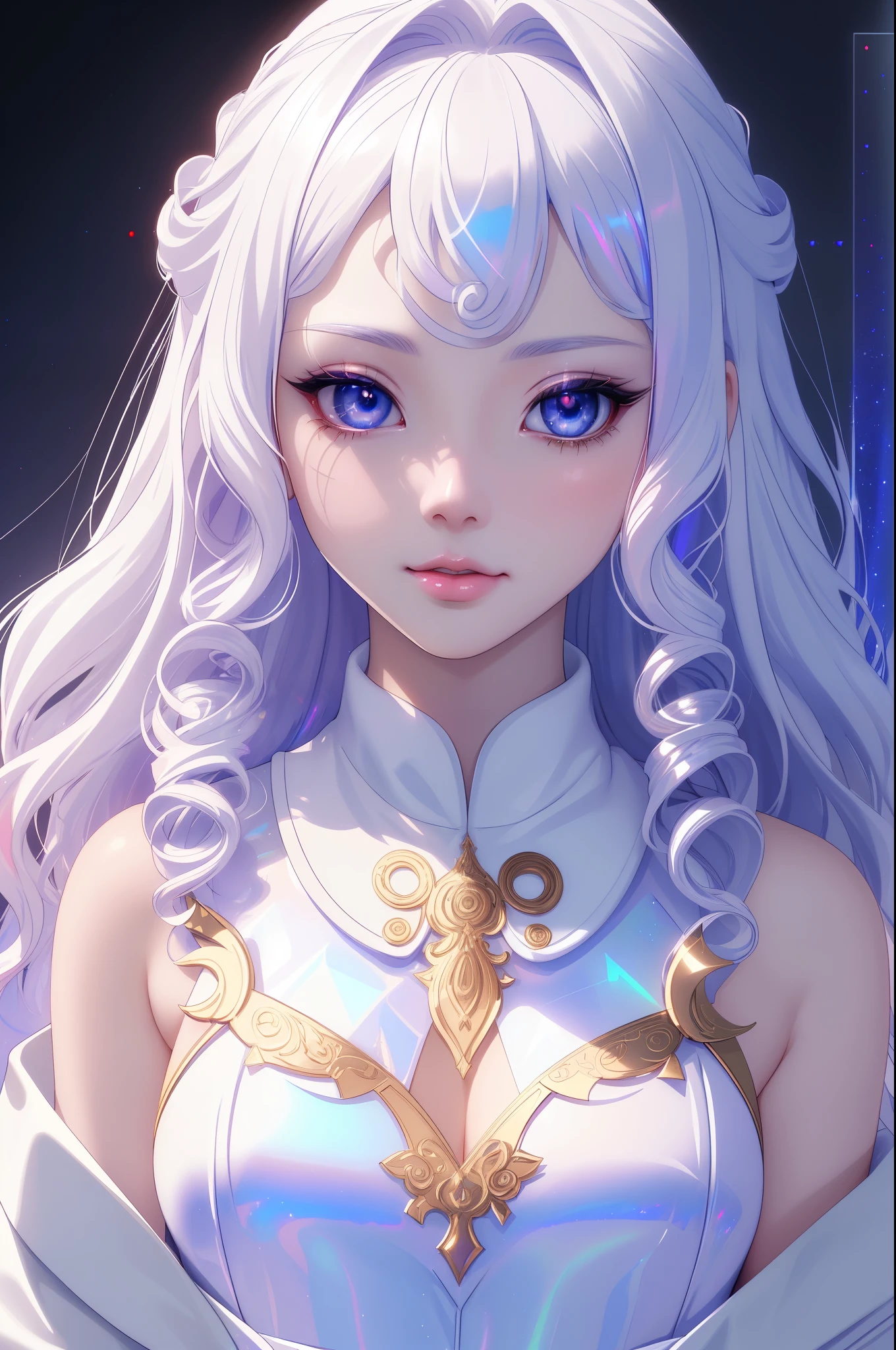 (tmasterpiece, Sideslit, Delicate and beautiful eyes: 1.2), 3D face, actual, s the perfect face, tmasterpiece, Best quality at best, nearing perfection, (s the perfect face:1.1), (high detal:1.1), dramatics, (girl), pale-skinned, (Holographic long curly hair:1.4), White eyes, Alone, long whitr hair, White luxury fur coat, White dress, Nobu, albinism, Luminous Studio graphics engine, pouting, Demonic Magician, Volumetriclighting, 詳細な目, (8k wallpaper tmasterpiece), ultra - detailed, intricately details, Absolutely pixel perfect, rosette, Fashionab, side, looking at viewert