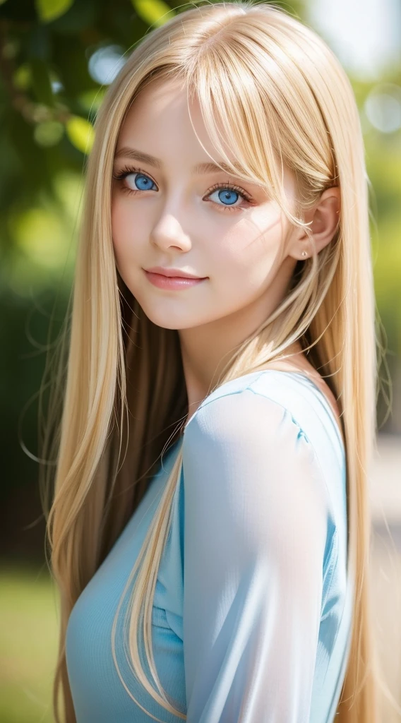 A woman with long light blonde hair and bright light blue eyes is taking a photo, very big eyes、gorgeous young beautiful model, bangs between the eyes、Portrait Sophie Mudd, Beautiful beautiful girl model, cute young beautiful girl, very beautiful young girl, portrait of a beautiful model, Beautiful young girl, Beautiful young woman, a photography of a beautiful woman, face perfect, 16-year-old female model, Beautiful young face, blonde white beautiful girl、Smirking expression、Teak Gloss、cheek highlights