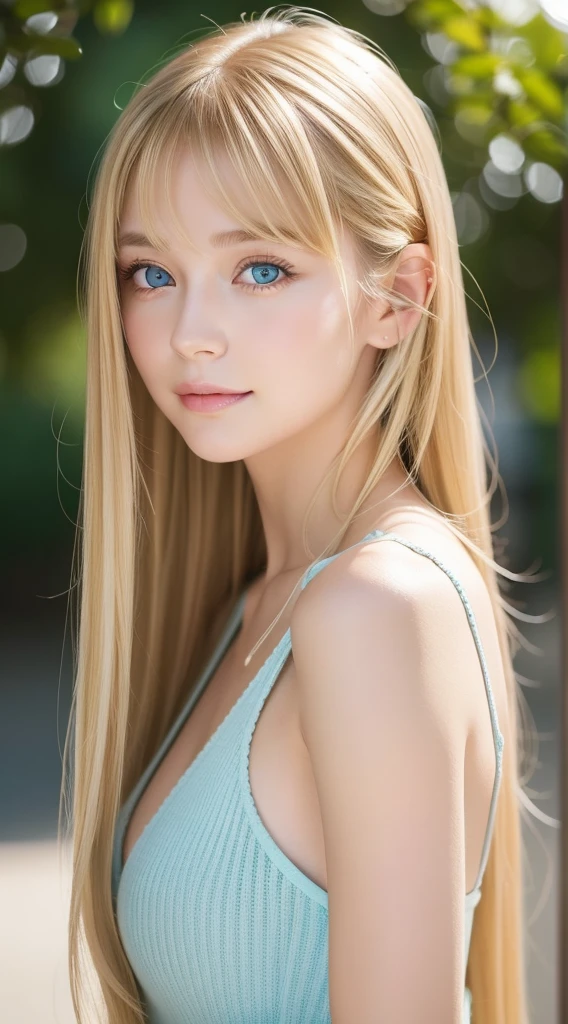 A woman with long light blonde hair and bright light blue eyes is taking a photo, very big eyes、gorgeous young beautiful model, bangs between the eyes、Portrait Sophie Mudd, Beautiful beautiful girl model, cute young beautiful girl, very beautiful young girl, portrait of a beautiful model, Beautiful young girl, Beautiful young woman, a photography of a beautiful woman, face perfect, 16-year-old female model, Beautiful young face, blonde white beautiful girl、Smirking expression、Teak Gloss、cheek highlights