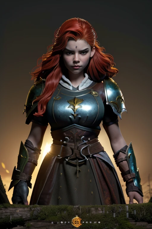 (Young 19 year old woman), (Caucasian with fiery red hair, ojos brillantes, expresiones faciales feroces) (imagen de cuerpo completo) (cuerpo delgado: 0.8) (pechos enormes: 1.5) (armadura medieval de guerrera intrincadamente detallada, capa forrada de piel, corona enjoyada), Their armor is rusted by leaves and wood. seria, extremadamente barroca, rubor suave y cara bonita, postura de ataque, hilt, sosteniendo una cimitarra, Full Scene Action, fondo de bosque, luz solar tenue, verdor, Heroic Fantasy Style, Dramatic lighting with strong contrasts of light and shadow, (obra maestra: 1.4), (fotorrealista: 1.2), (la mejor calidad), (8k), (cinematography lighting) (foco nítido), (epic composition) (Super detail), (ultra HD), Funny whimsical epic movie poster, (disparo a nivel de los ojos) , (Pro Lighting: 1.25)