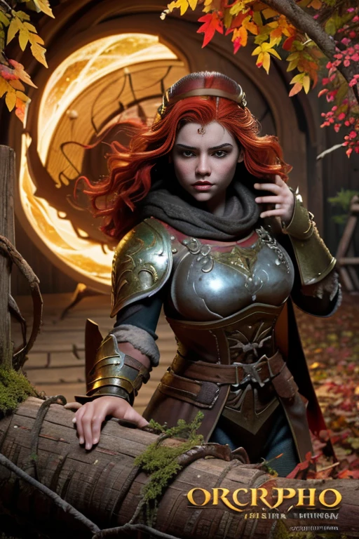 (Young 19 year old woman), (Caucasian with fiery red hair, ojos brillantes, expresiones faciales feroces) (imagen de cuerpo completo) (cuerpo delgado: 0.8) (pechos enormes: 1.5) (armadura medieval de guerrera intrincadamente detallada, capa forrada de piel, corona enjoyada), Their armor is rusted by leaves and wood. seria, extremadamente barroca, rubor suave y cara bonita, postura de ataque, hilt, sosteniendo una cimitarra, Full Scene Action, fondo de bosque, luz solar tenue, verdor, Heroic Fantasy Style, Dramatic lighting with strong contrasts of light and shadow,  (obra maestra: 1.4), (fotorrealista: 1.2), (la mejor calidad), (8k),  (cinematography lighting) (foco nítido),  (epic composition) (Super detail), (ultra HD), Funny whimsical epic movie poster, (disparo a nivel de los ojos) , (Pro Lighting: 1.25)
