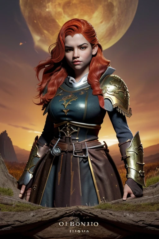 (Young 19 year old woman), (Caucasian with fiery red hair, ojos brillantes, expresiones faciales feroces) (imagen de cuerpo completo) (cuerpo delgado: 0.8) (pechos enormes: 1.5) (armadura medieval de guerrera intrincadamente detallada, capa forrada de piel, corona enjoyada), Their armor is rusted by leaves and wood. seria, extremadamente barroca, rubor suave y cara bonita, postura de ataque, hilt, sosteniendo una cimitarra, Full Scene Action, fondo de bosque, luz solar tenue, verdor, Heroic Fantasy Style, Dramatic lighting with strong contrasts of light and shadow, (obra maestra: 1.4), (fotorrealista: 1.2), (la mejor calidad), (8k), (cinematography lighting) (foco nítido), (epic composition) (Super detail), (ultra HD), Funny whimsical epic movie poster, (disparo a nivel de los ojos) , (Pro Lighting: 1.25)